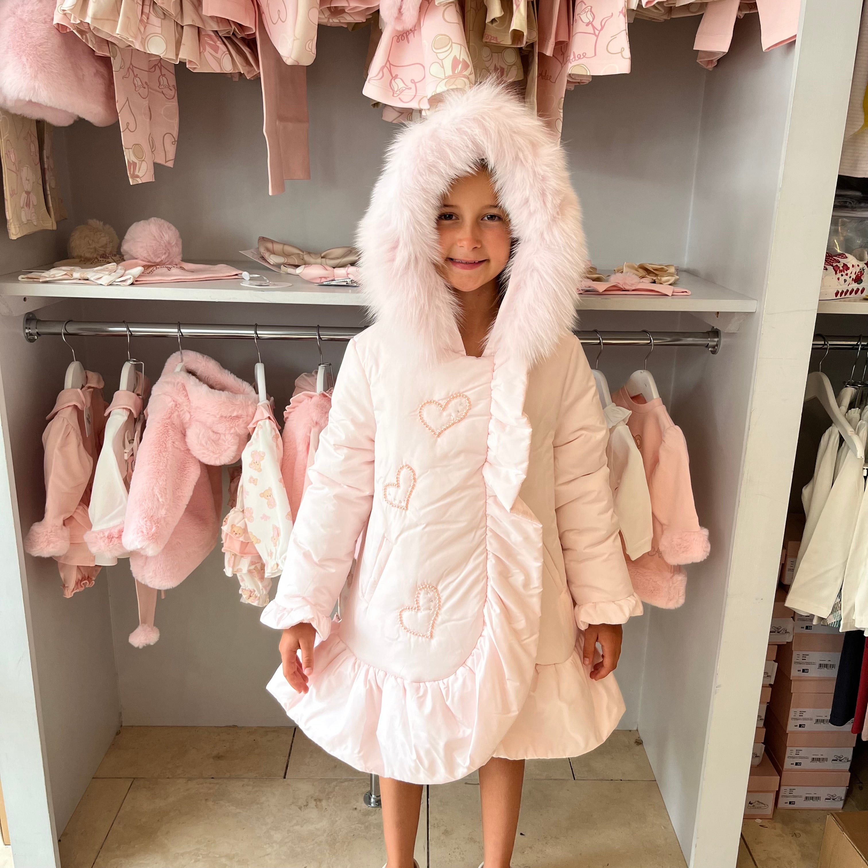 Bimbalo Fur Hood Pearl Detail Heart Coat Baby Pink Bluebells Boutique