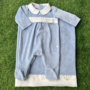 PAZ RODRIGUEZ - Peter Pan Collar Velour Baby Layette Two Piece Set - Blue