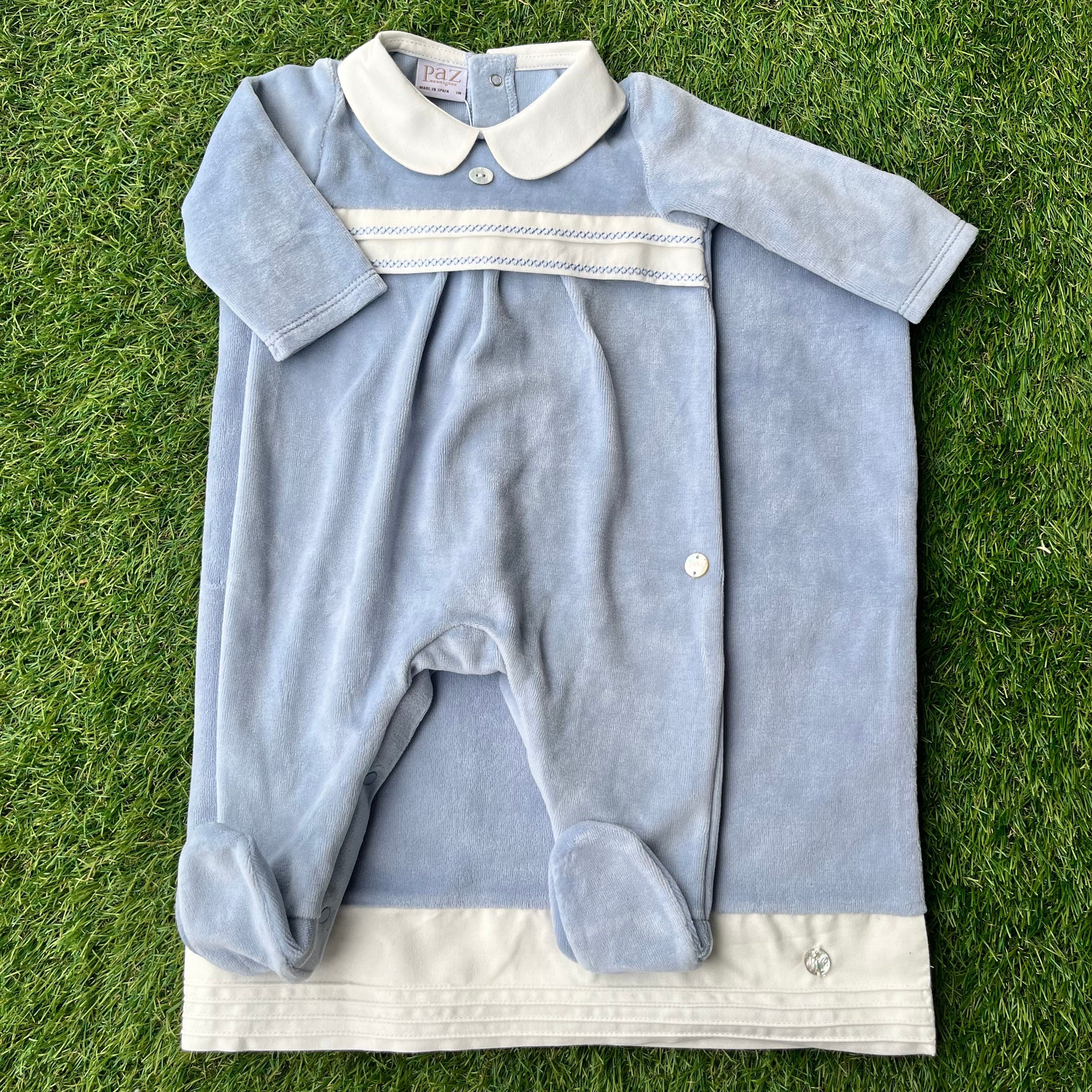 PAZ RODRIGUEZ - Peter Pan Collar Velour Baby Layette Two Piece Set - Blue