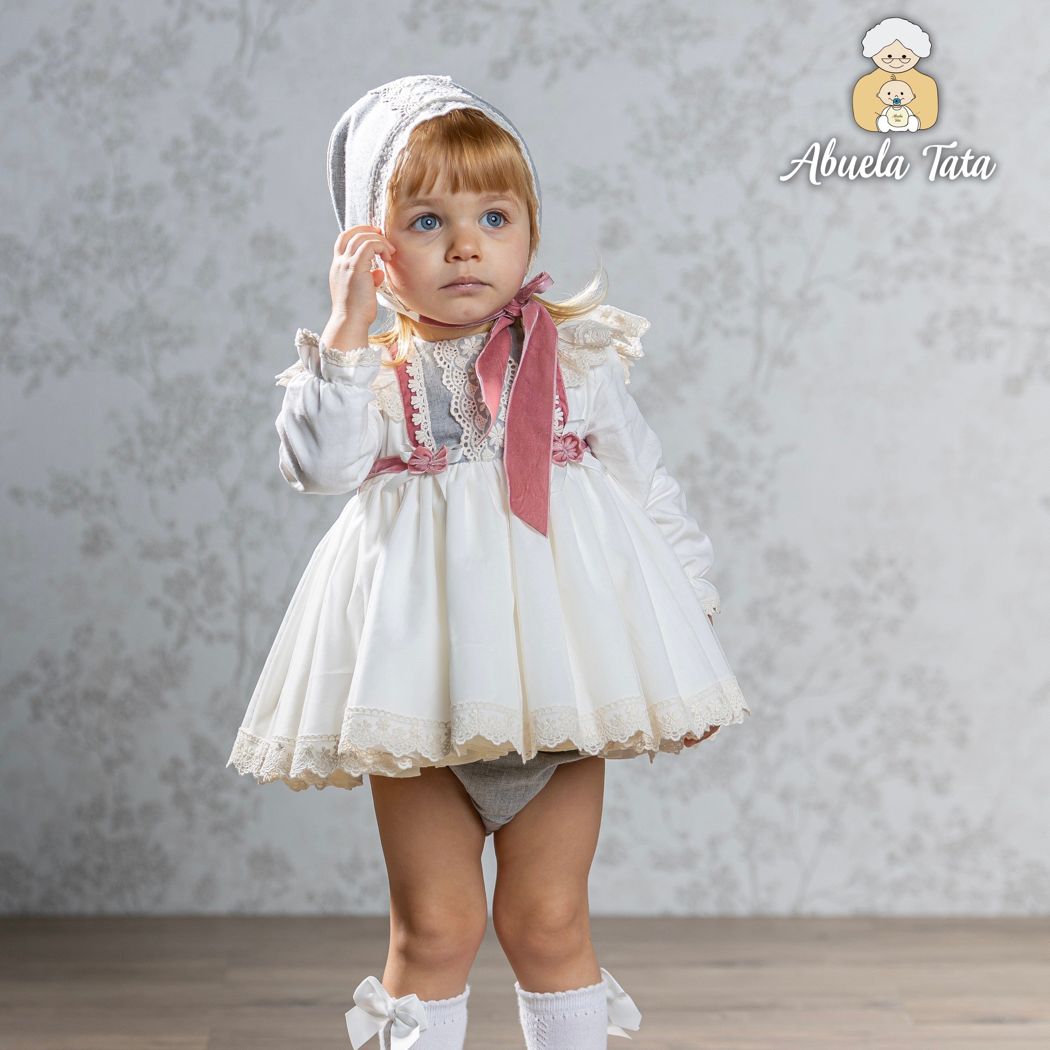 LA AMAPOLA - Mimosa Baby Dress & Bonnet - Cream main image 0