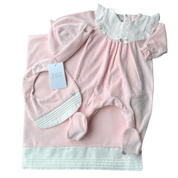 PAZ RODRIGUEZ - Bib Frill Collar Velour Baby Layette Four Piece Set - Pink