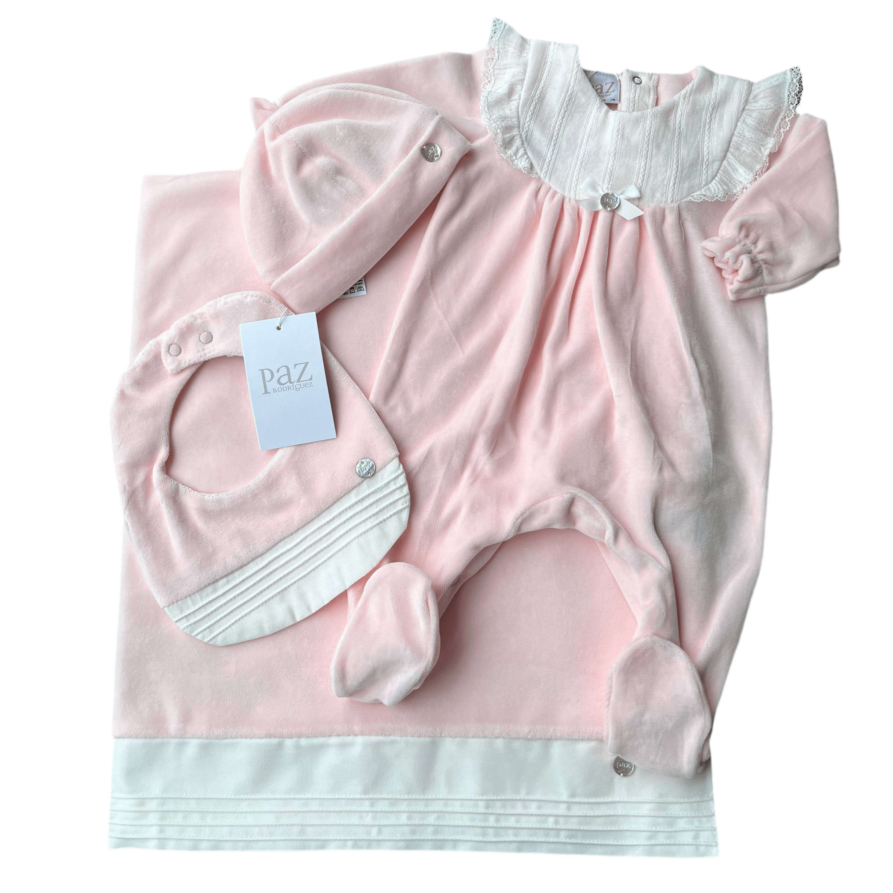 PAZ RODRIGUEZ - Bib Frill Collar Velour Baby Layette Four Piece Set - Pink