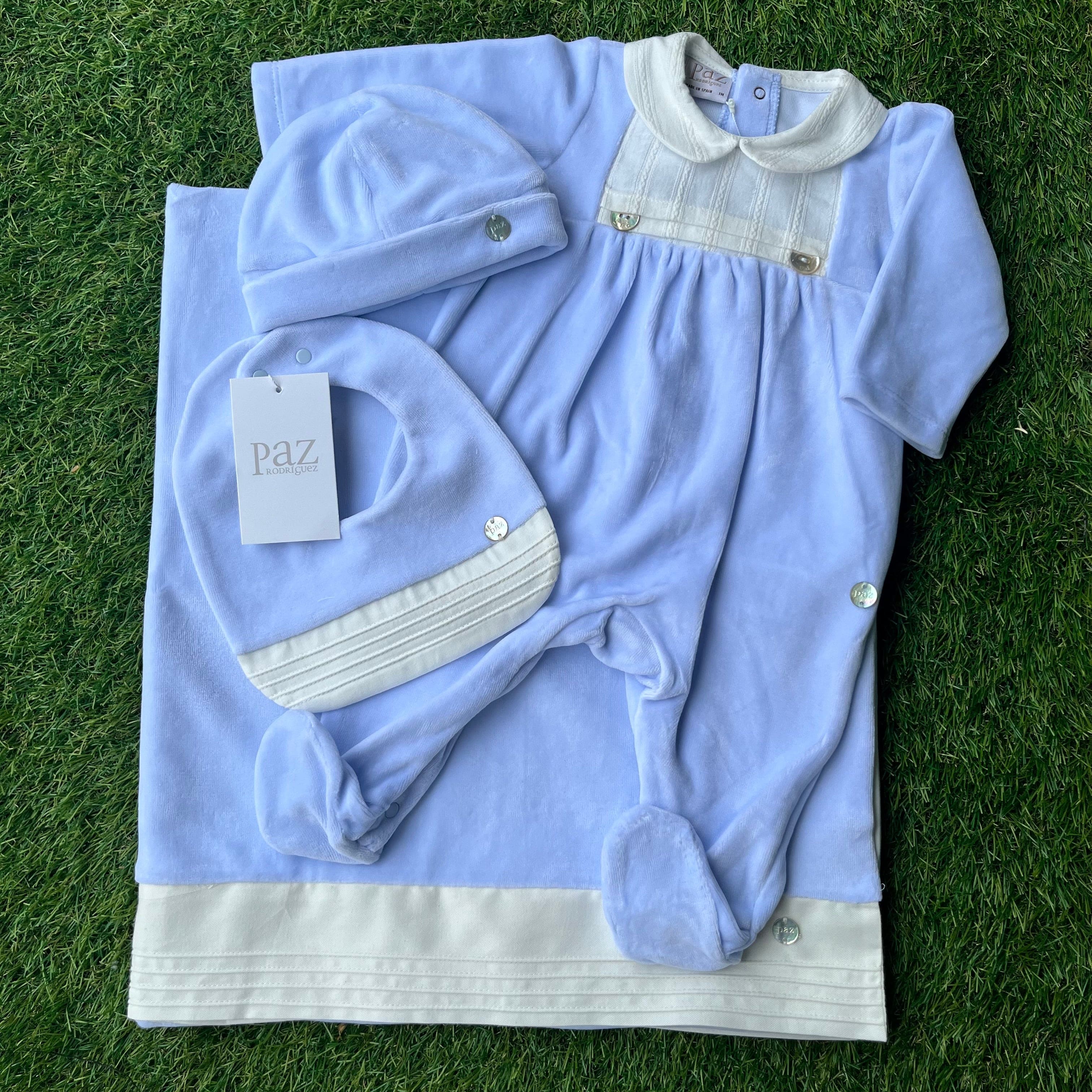 PAZ RODRIGUEZ - Peter Pan Collar Velour Baby Layette Four Piece Set - Blue