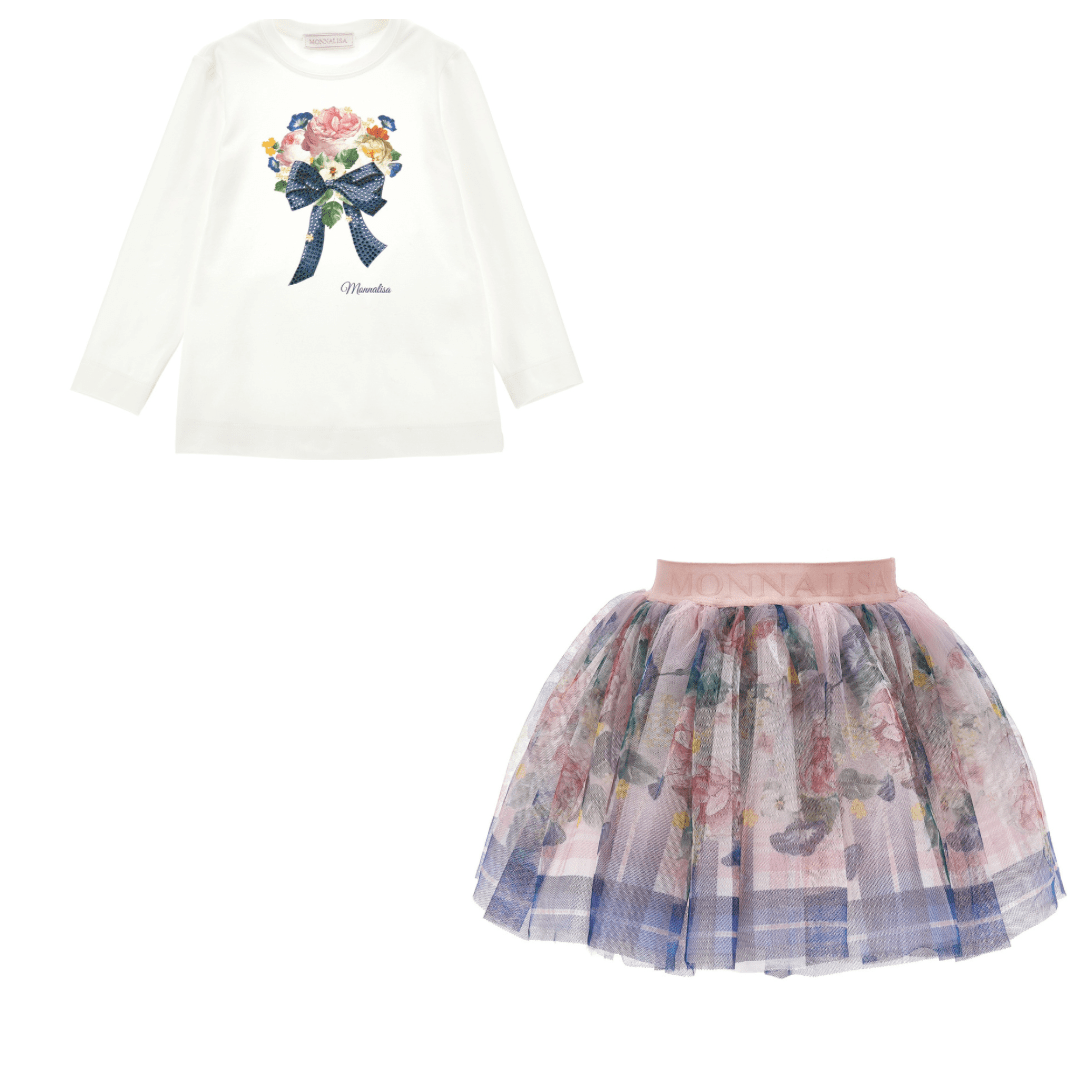 MONNALISA - Roses Jersey Top & Tulle Skirt Set - Pink