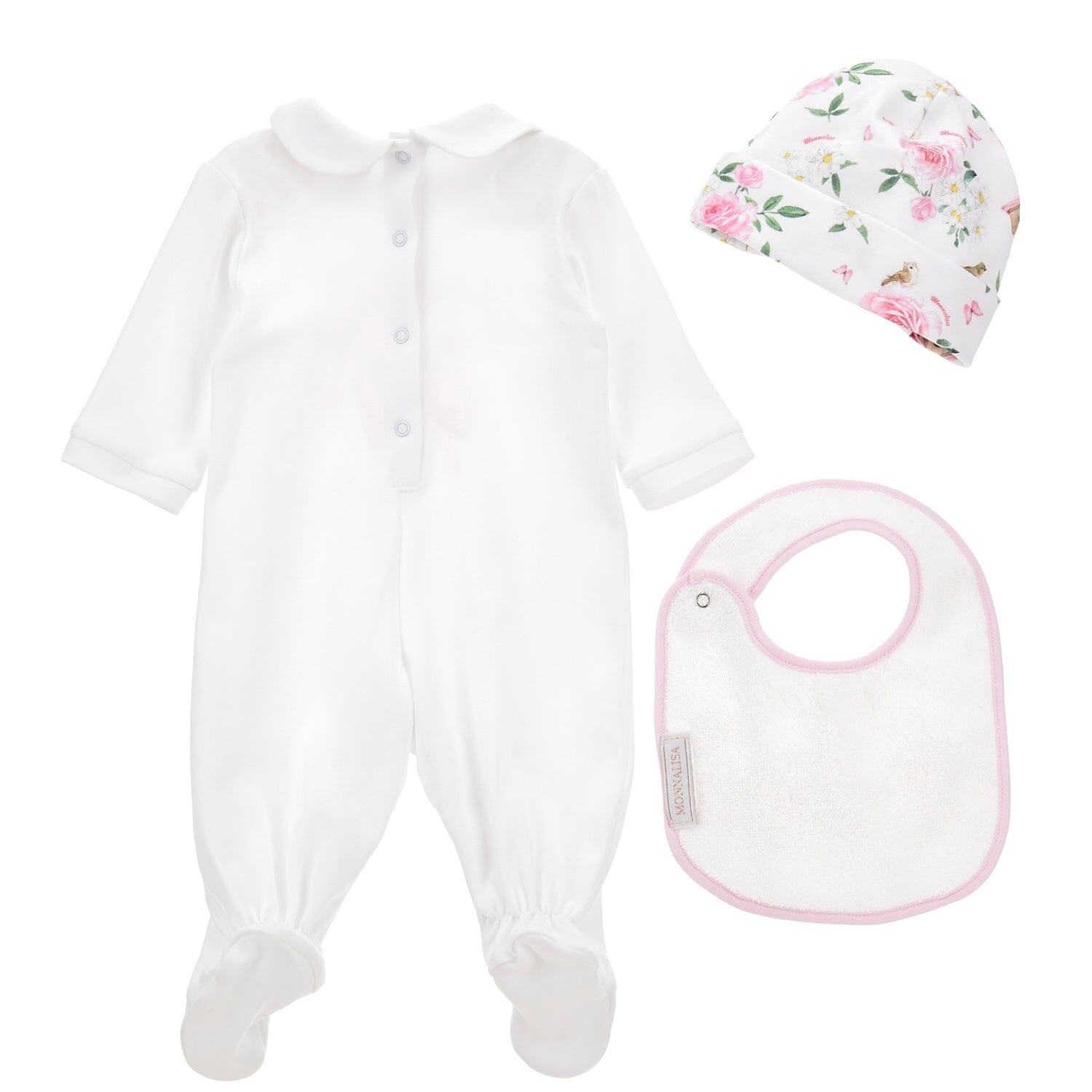 MONNALISA - Rose & Bird Print Three Piece Babygrow Set  - White