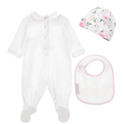 MONNALISA - Rose & Bird Print Three Piece Babygrow Set  - White
