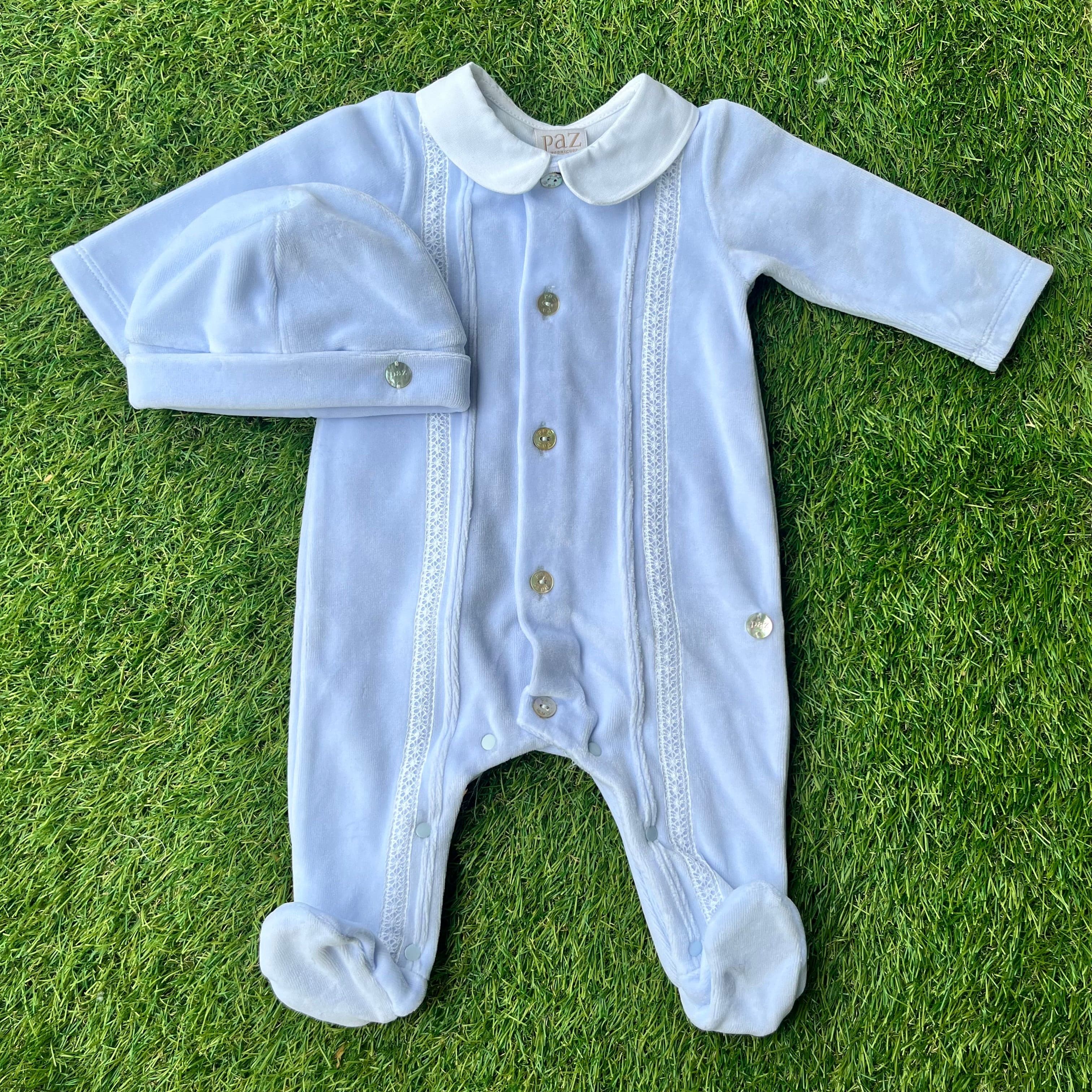 PAZ RODRIGUEZ - Peter Pan Collar Velour Baby Layette Two Piece Set - Blue