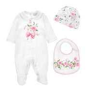 MONNALISA - Rose & Bird Print Three Piece Babygrow Set  - White