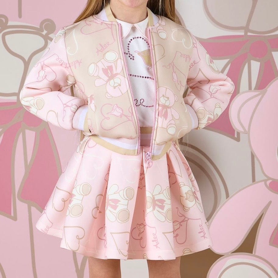 A DEE Abstract Teddy Sassy Print Bomber Jacket Star Skirt Set Pink