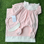 PAZ RODRIGUEZ - Bib Frill Collar Velour Baby Layette Four Piece Set - Pink