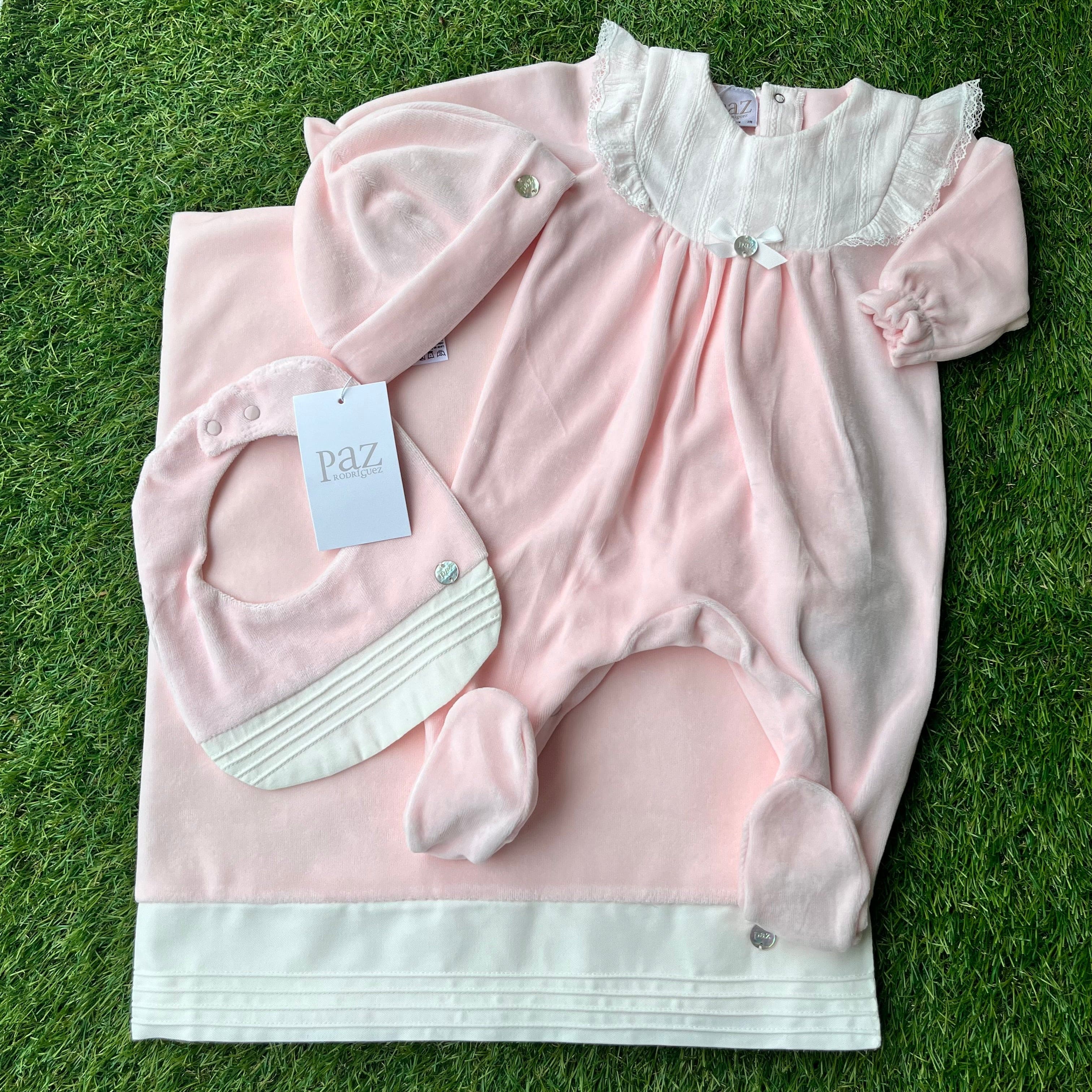 PAZ RODRIGUEZ - Bib Frill Collar Velour Baby Layette Four Piece Set - Pink