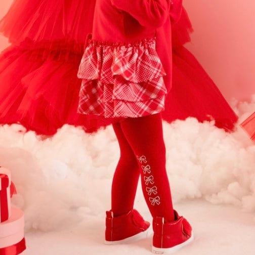 LITTLE A - Little Bows Kamila Bow Diamante Tights - Vibrant Red