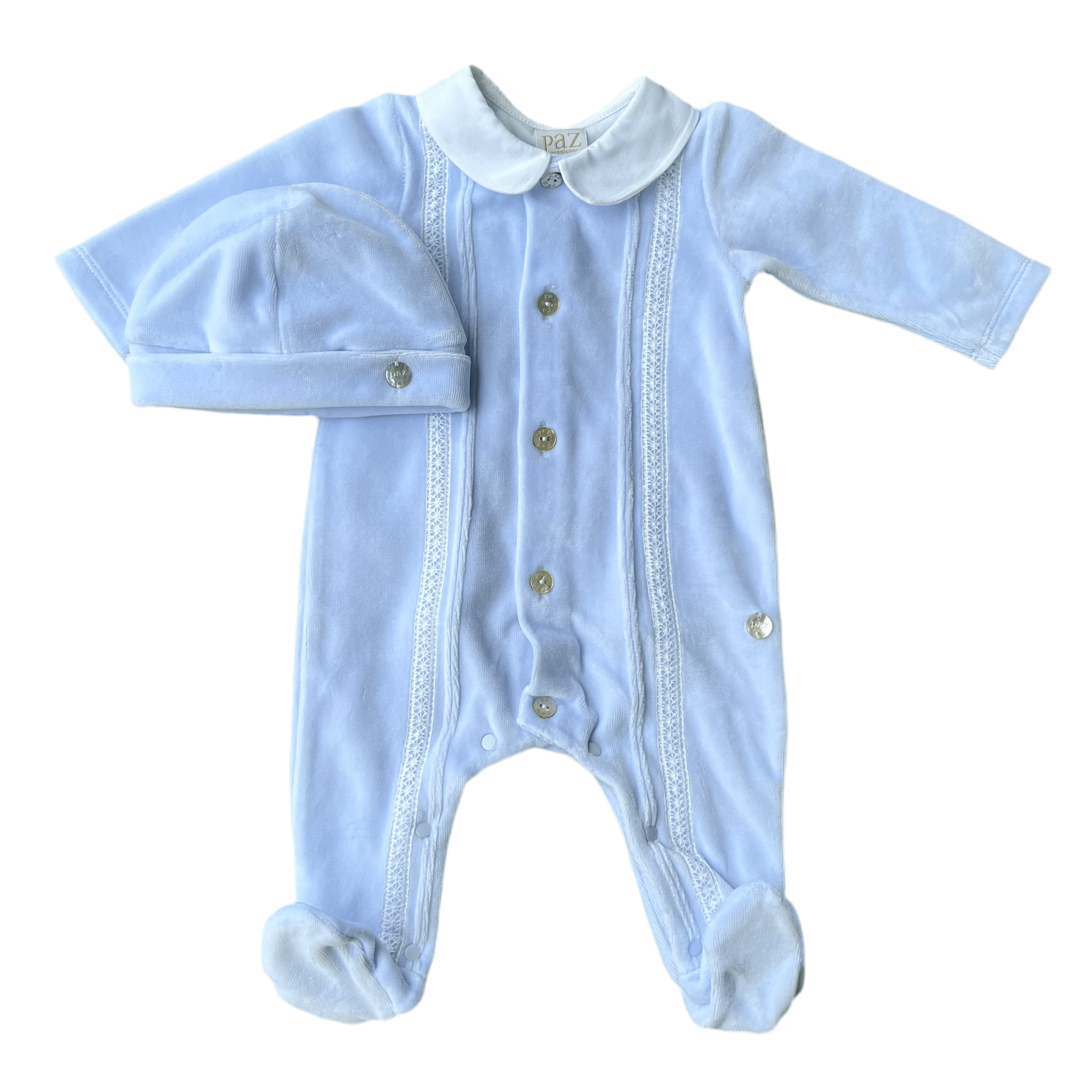 PAZ RODRIGUEZ - Peter Pan Collar Velour Baby Layette Two Piece Set - Blue