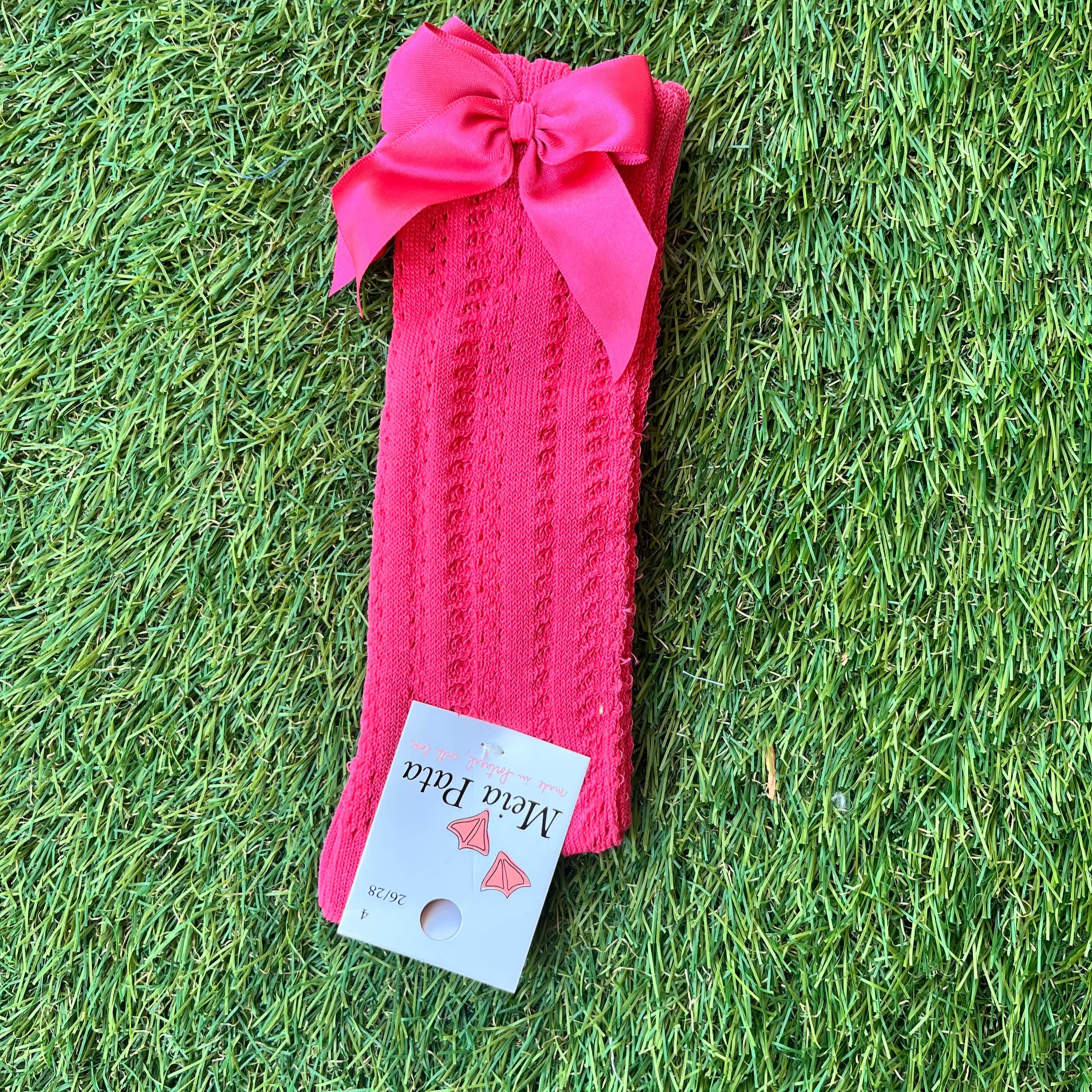 MEIA PATA - Open Knit Knee High Bow Sock - Hot Pink