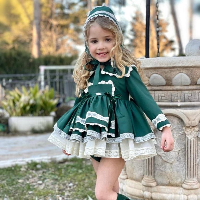 LA AMAPOLA Valentina Baby Dress Bonnet Green