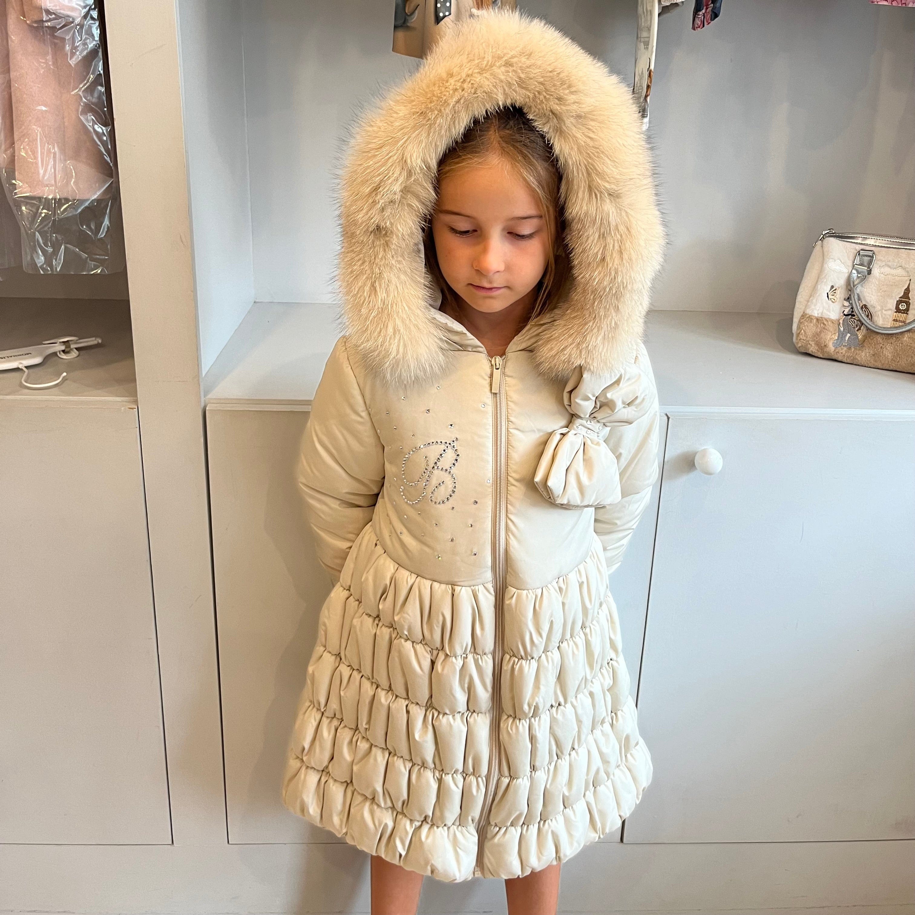 Bimbalo Fur Hood Large Bow Coat Champagne Bluebells Boutique