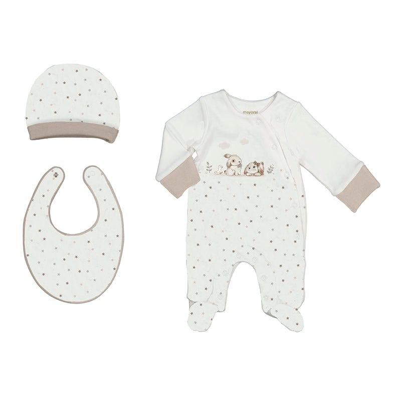 MAYORAL - Bunny Gift Set Babygrow With Hat & Bib - Natural