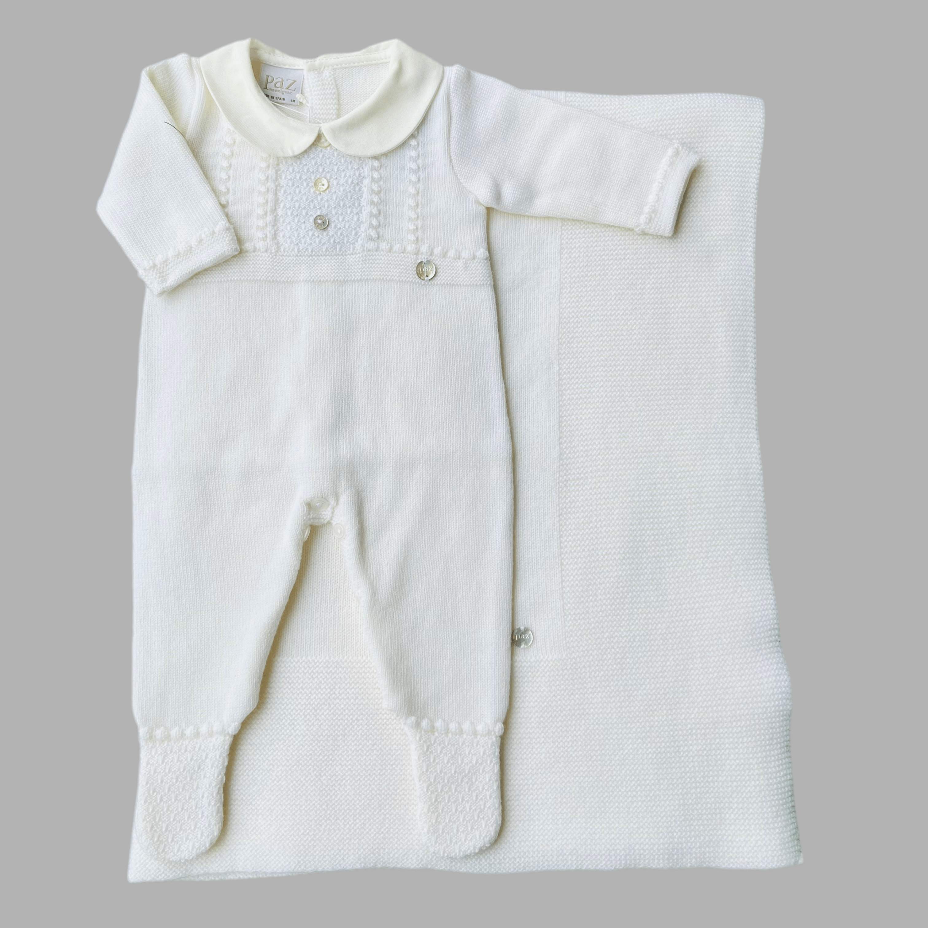 PAZ RODRIGUEZ - Knitted Royal Babygrow & Blanket - Cream