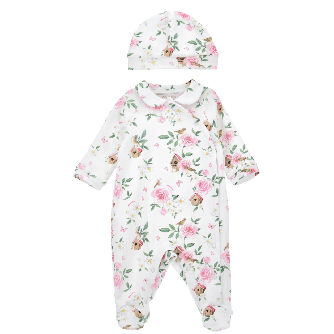 MONNALISA - Rose & Bird Print Two Piece Babygrow Set  - White
