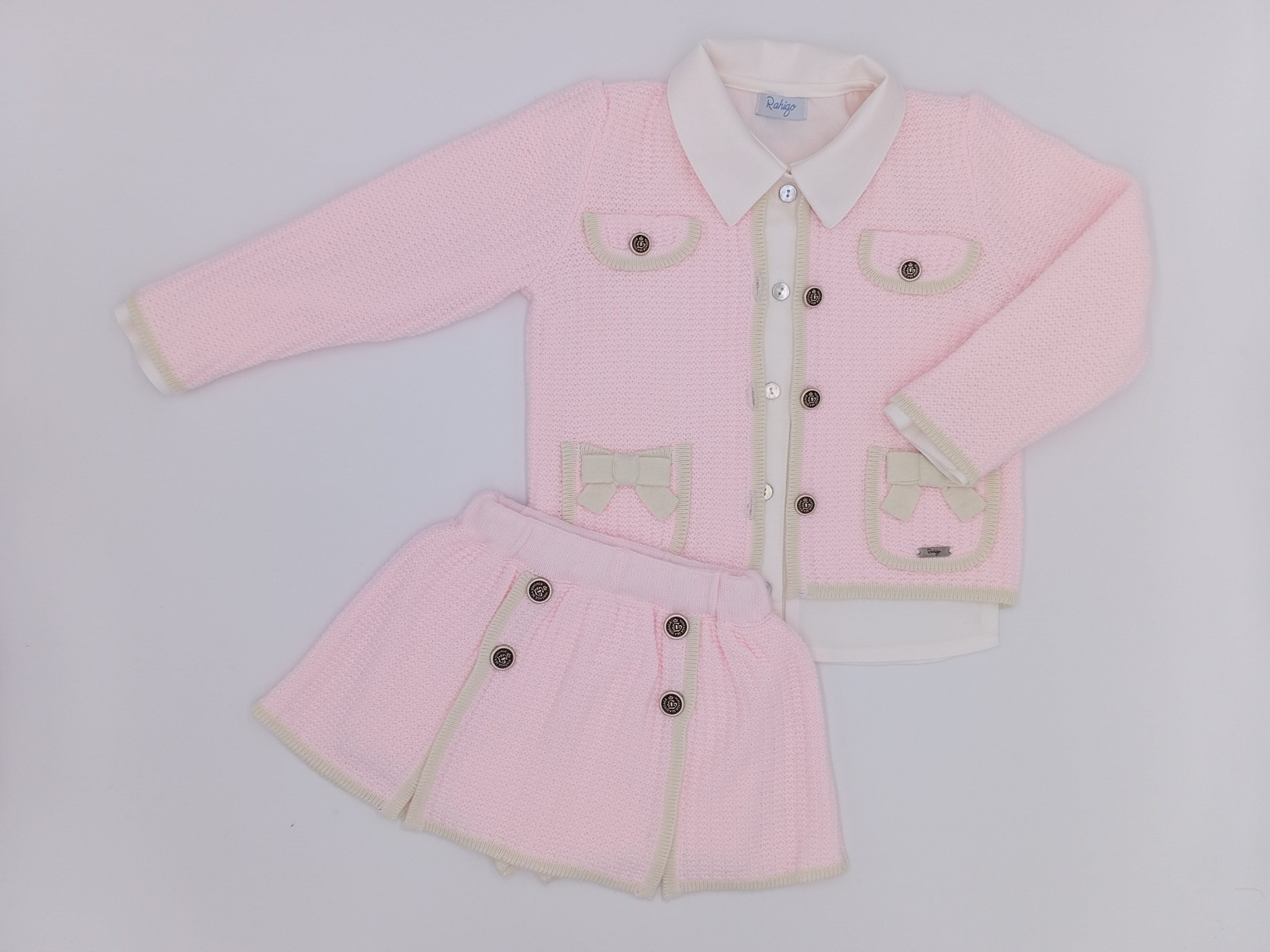 Rahigo - Five Piece Cream Trim Skirt Set  - Baby Pink