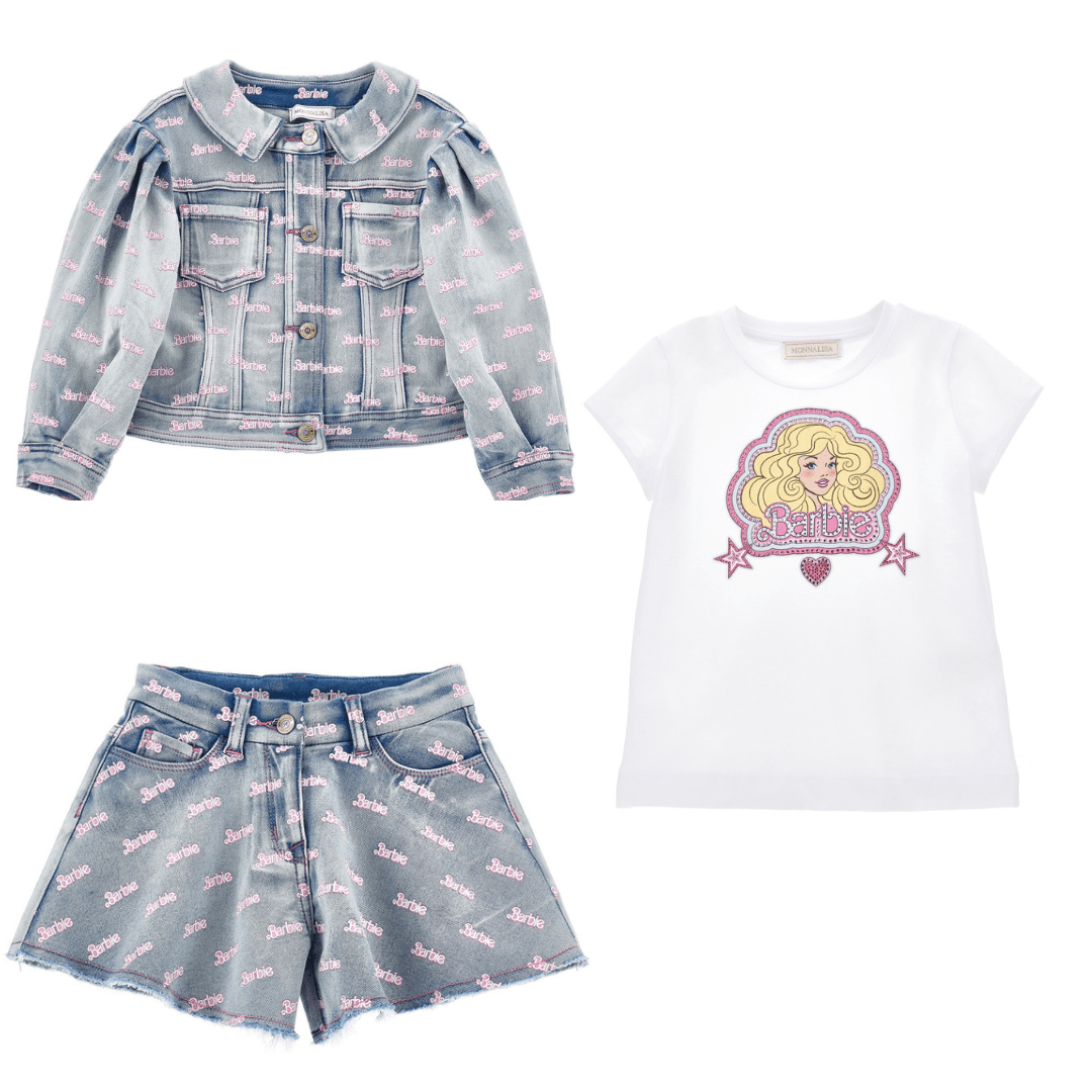 MONNALISA - Barbie Three Piece Denim Short Set - White