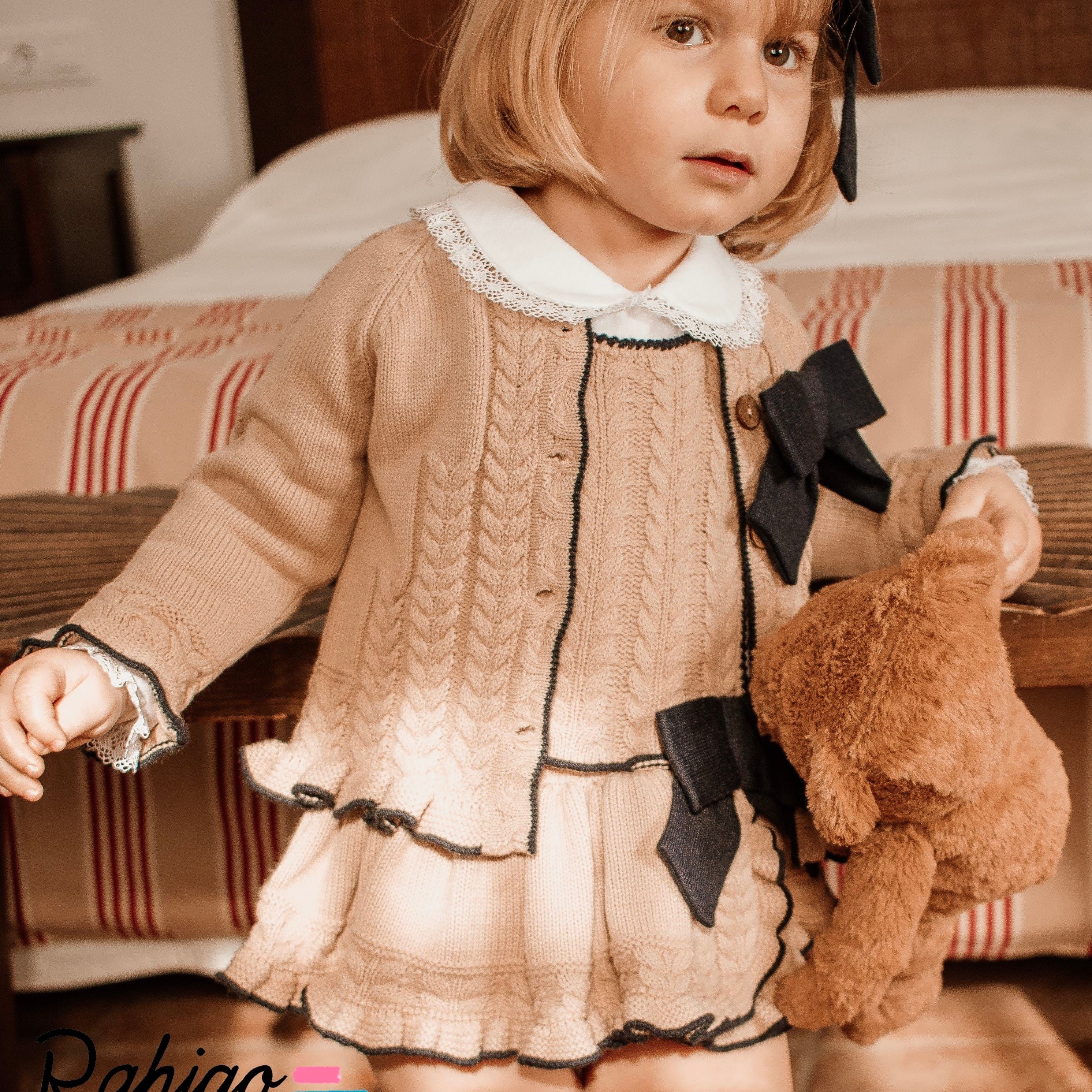 Rahigo - Three Piece Pinafore Set With Black Trim  -  Camel
