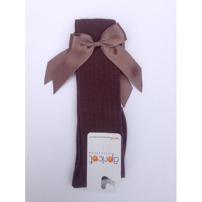APRICOT - Ribbed Knee High Bow Sock - Dark Brown