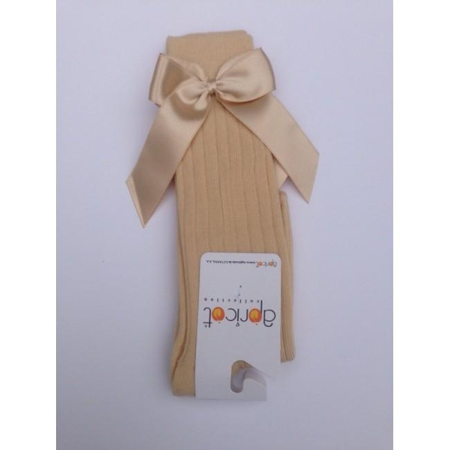 APRICOT - Ribbed Knee High Bow Socks - Light Camel