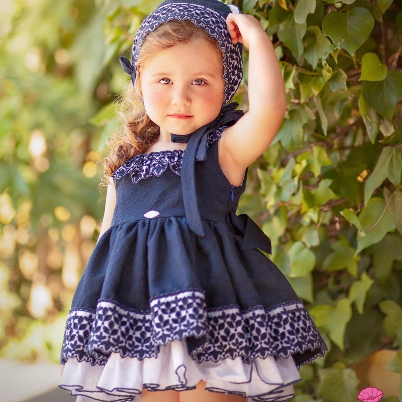 LA AMAPOLA - Luxury Baby dress & Bonnet - Navy