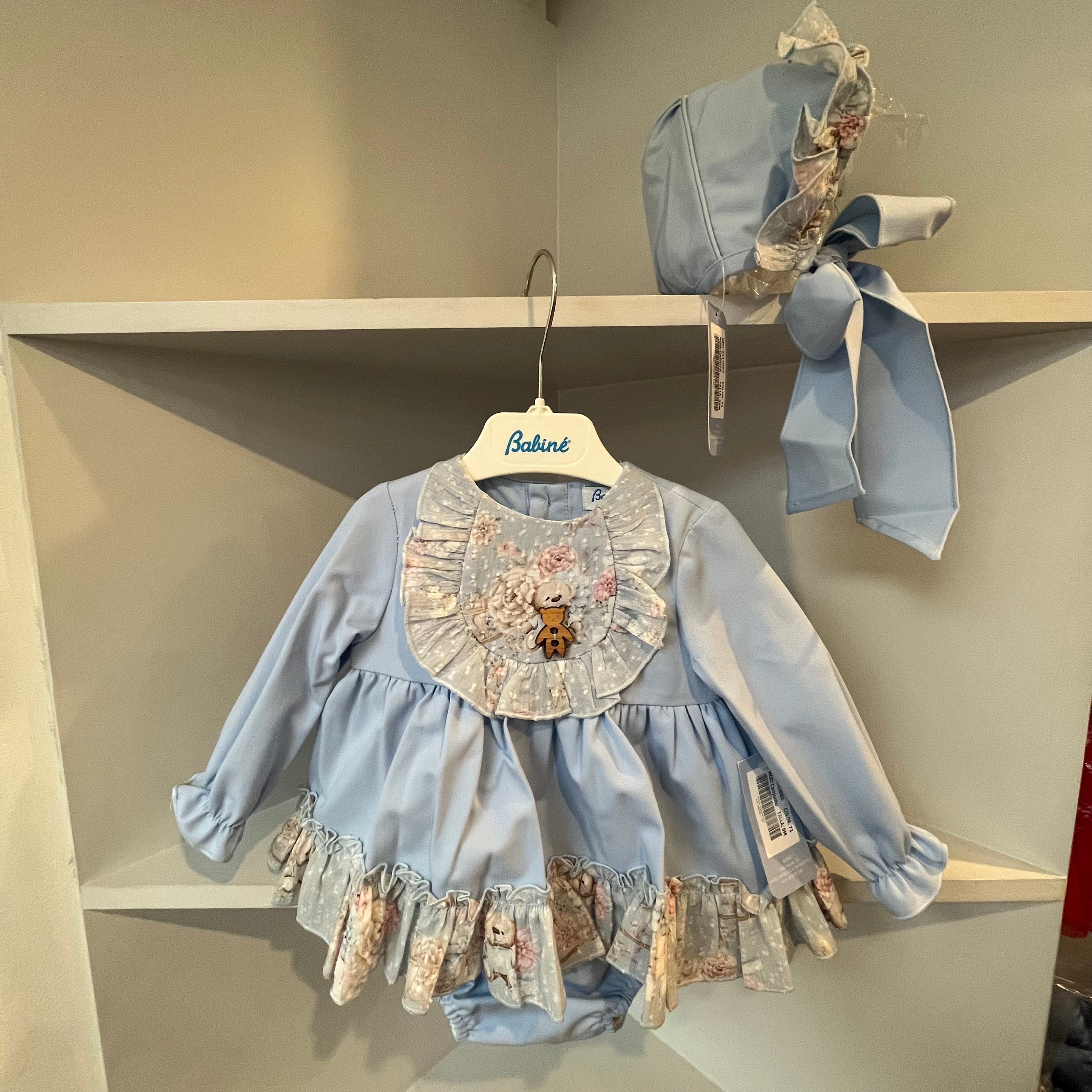 BABINE - Teddy Baby Dress & Bonnet - Blue Bluebells Boutique BABINE - Teddy Baby Dress & Bonnet - Blue Bluebells Boutique