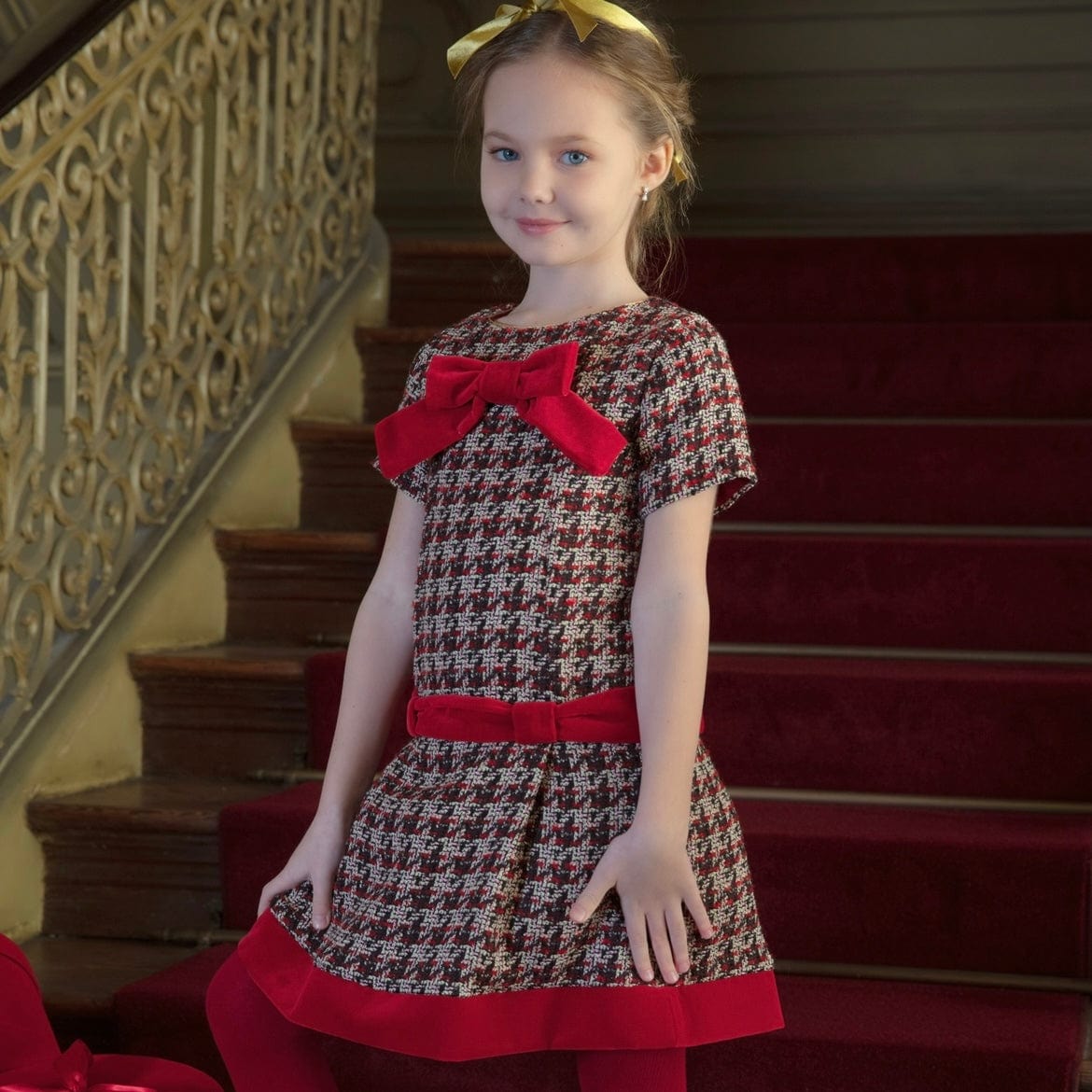 patachou red tweed dress Patachou Girls Red Tweed Velvet Bow Dress