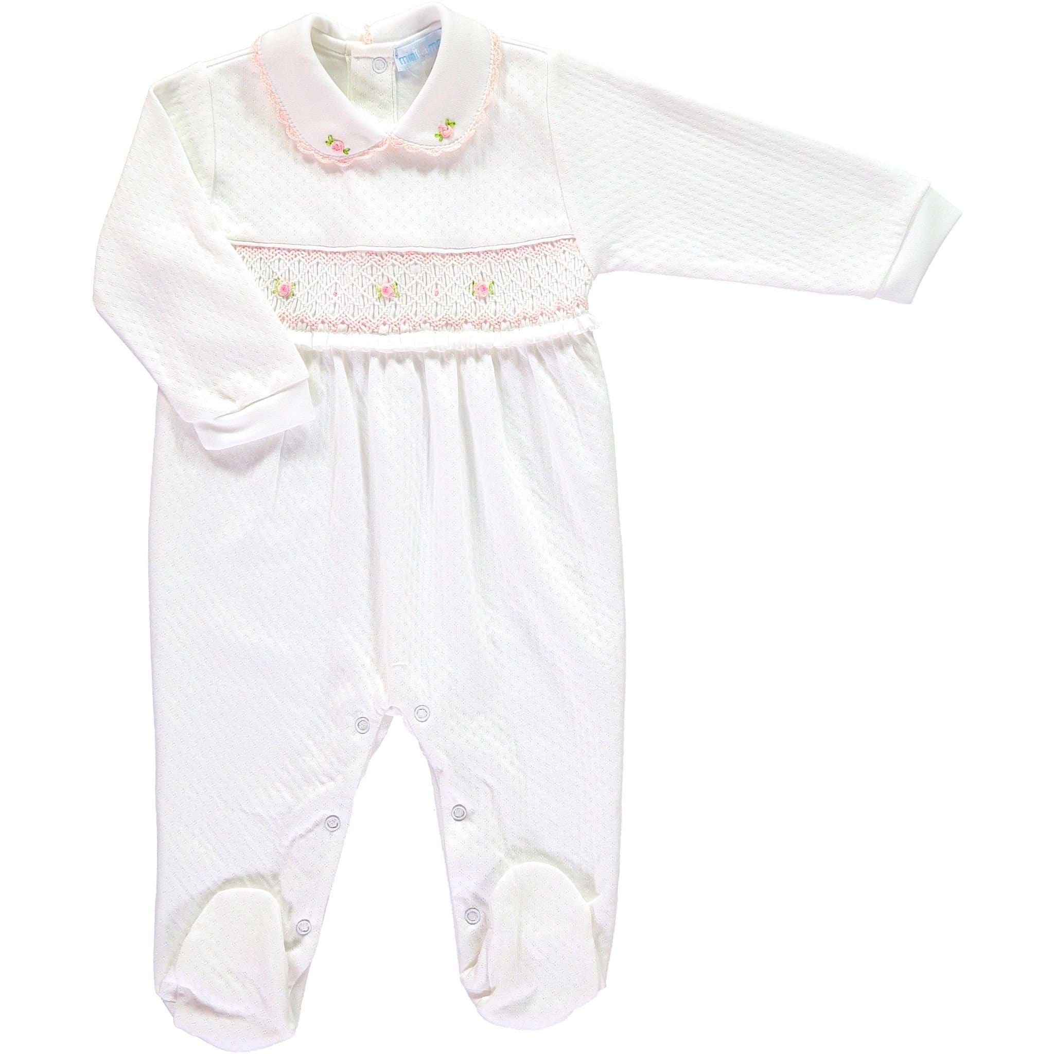 MINI-LA-MODE - Pink Frill Jacquard Smocked Footsie - White