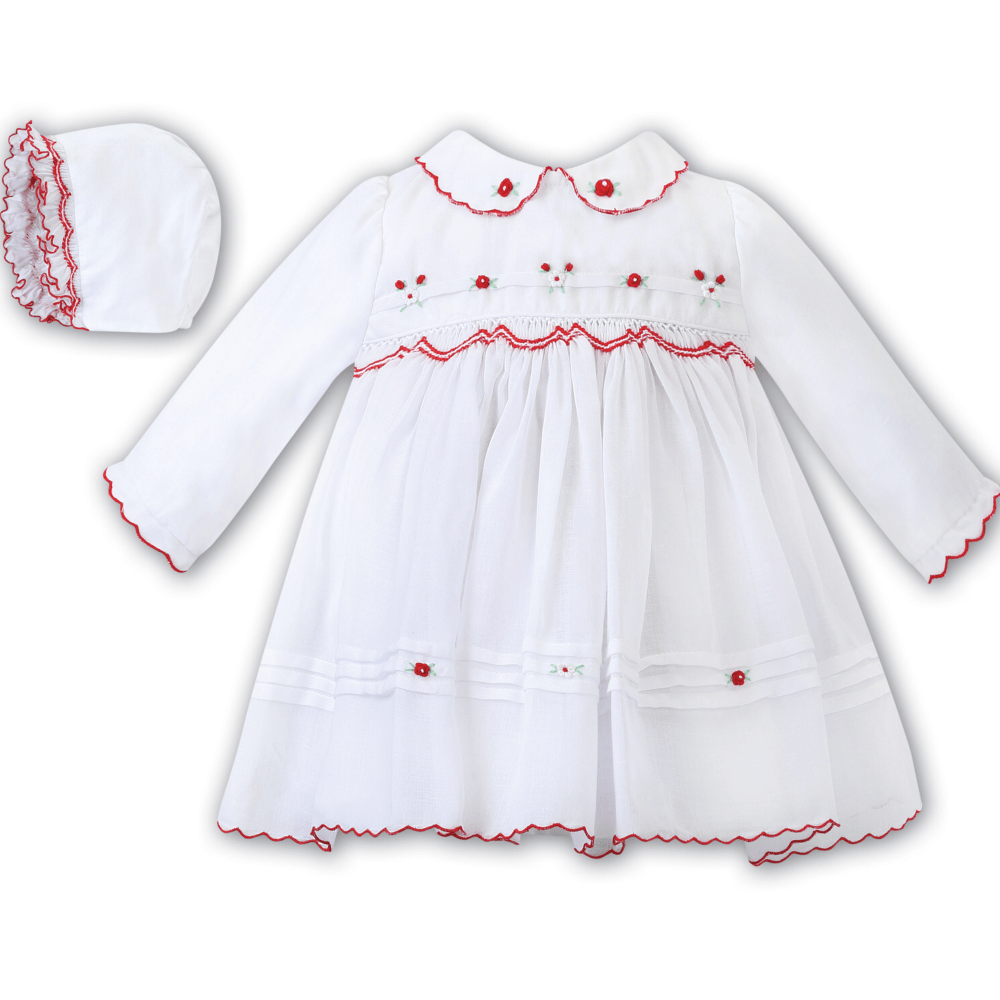 SARAH LOUISE Smocked Dress With Bonnet White Red - Main Image