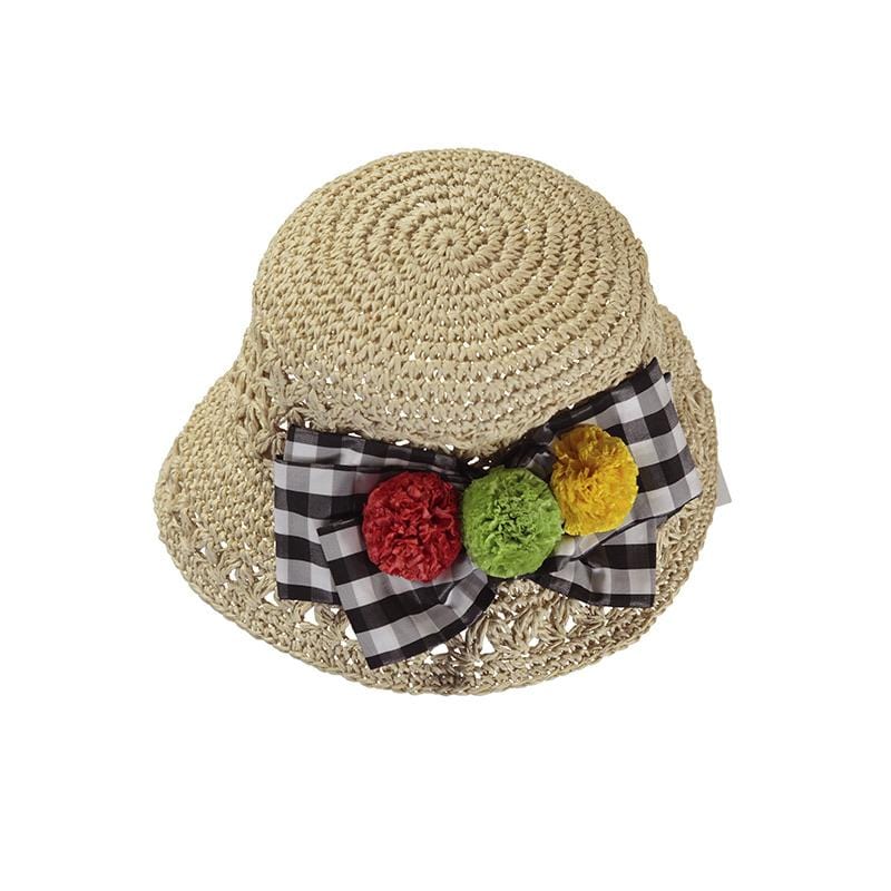 MAYORAL - Gingham Bow, Pom Pom Straw Hat