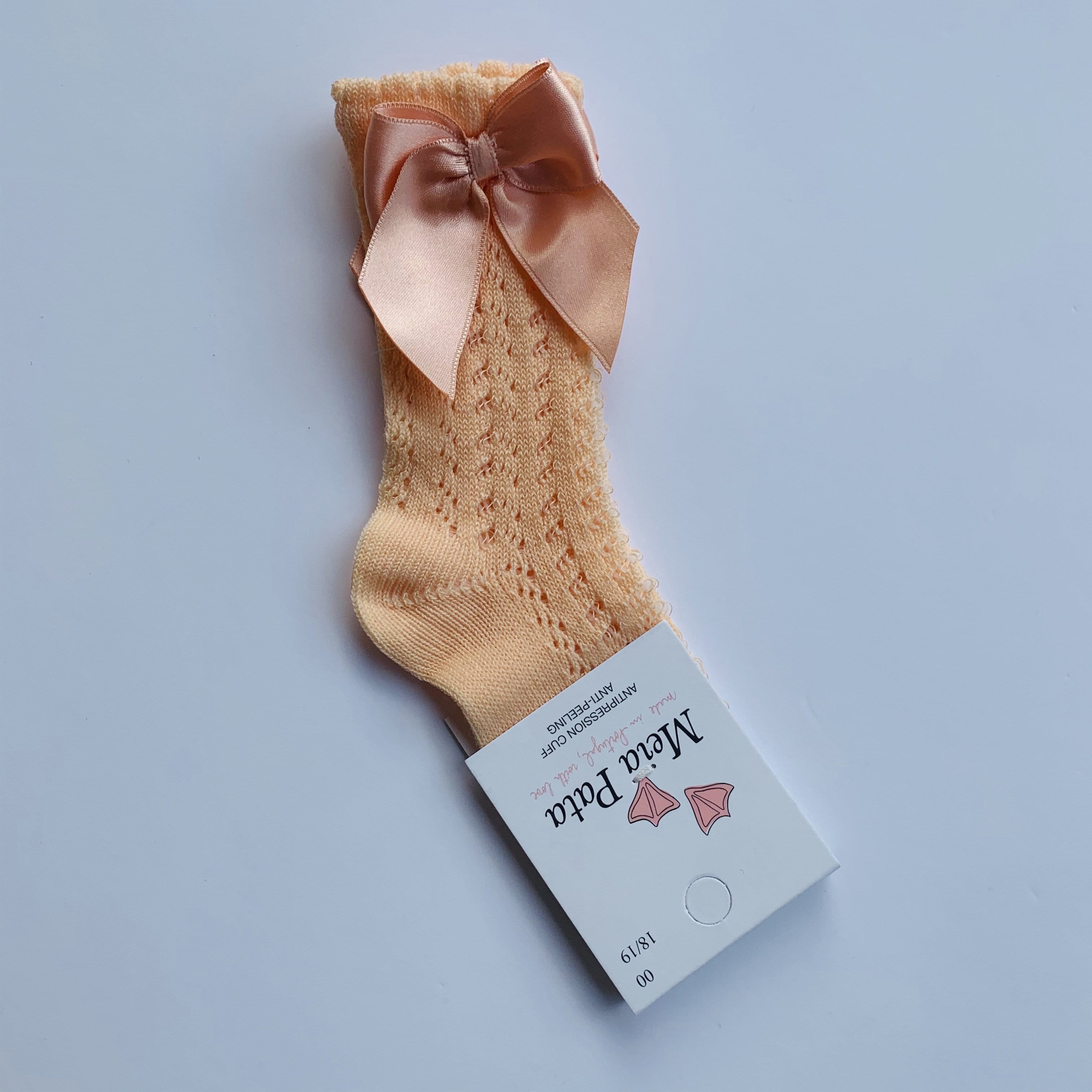 MEIA PATA - Open Knit Knee High Bow Sock - Peach