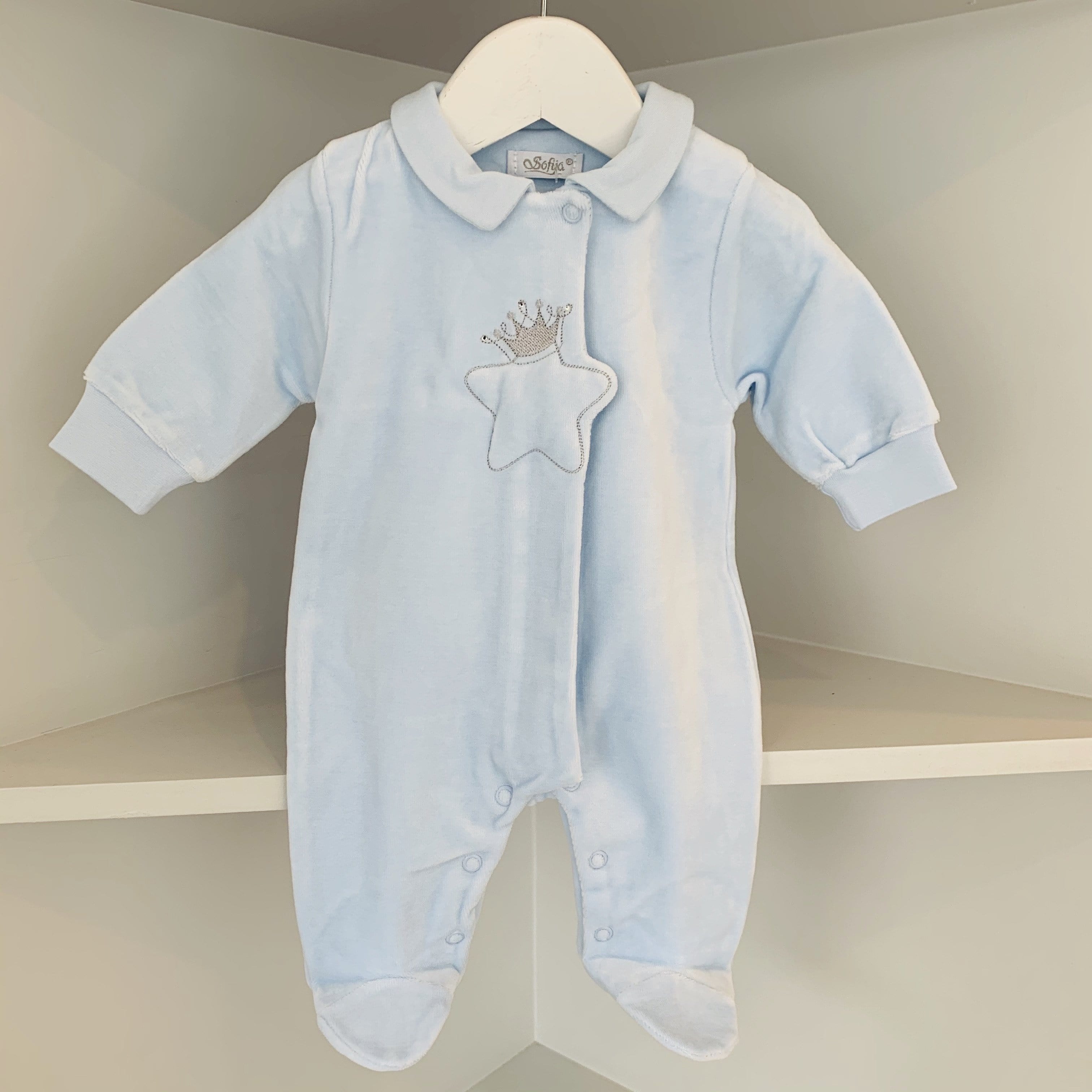 SOFIJA - Velour Diamanté Babygrow - Blue