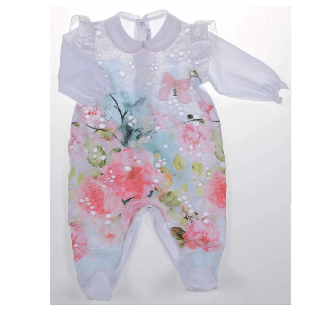BARCELLINO - Floral Babygrow Blanket, Hairband  & Bib - White
