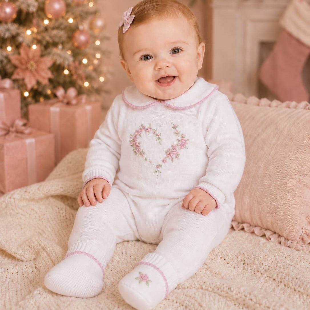 BIMBALO - Hand Embroidered Knitted  Blanket Romper & Booties - White