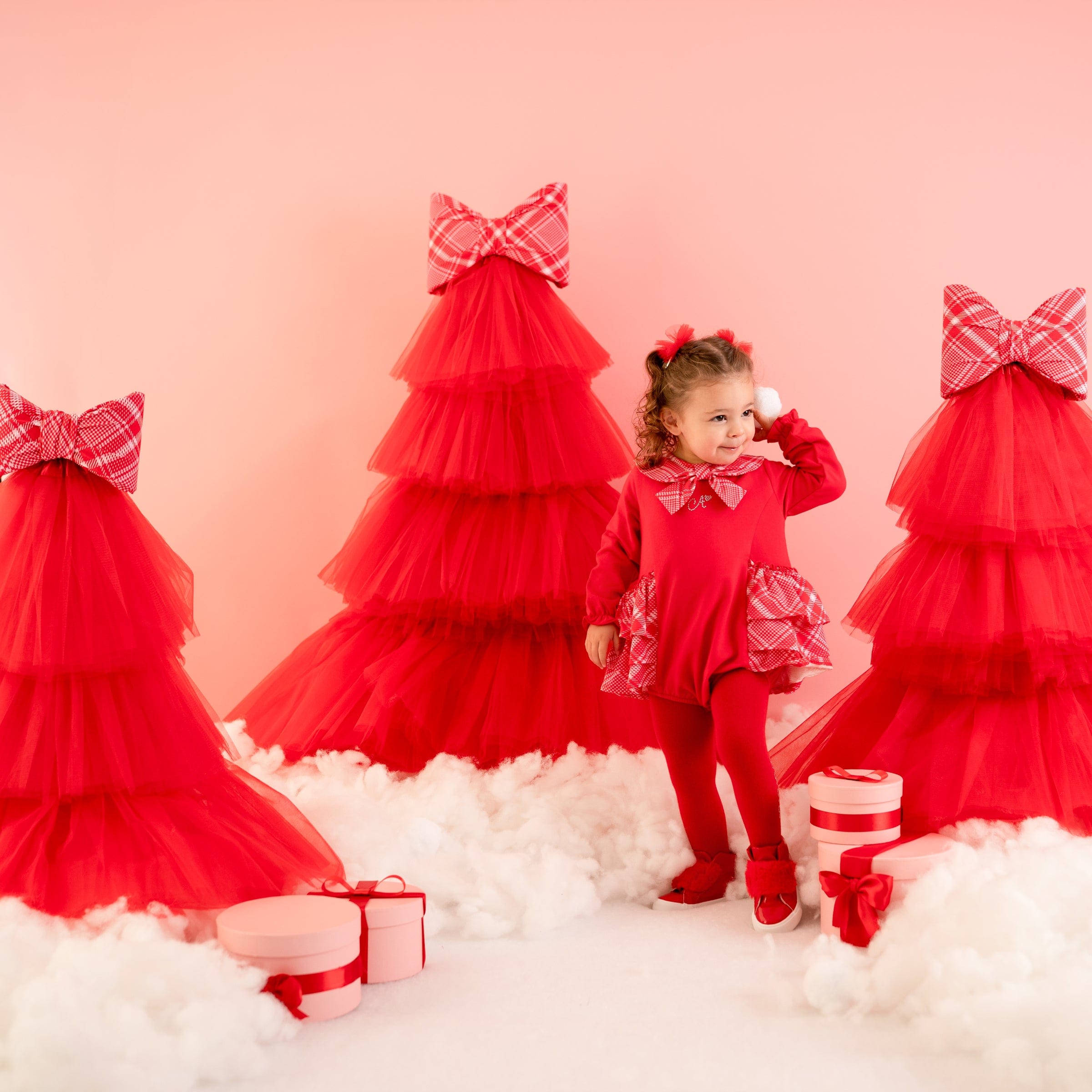 LITTLE A - Little Bows Kacey Check Frill Romper - Vibrant Red