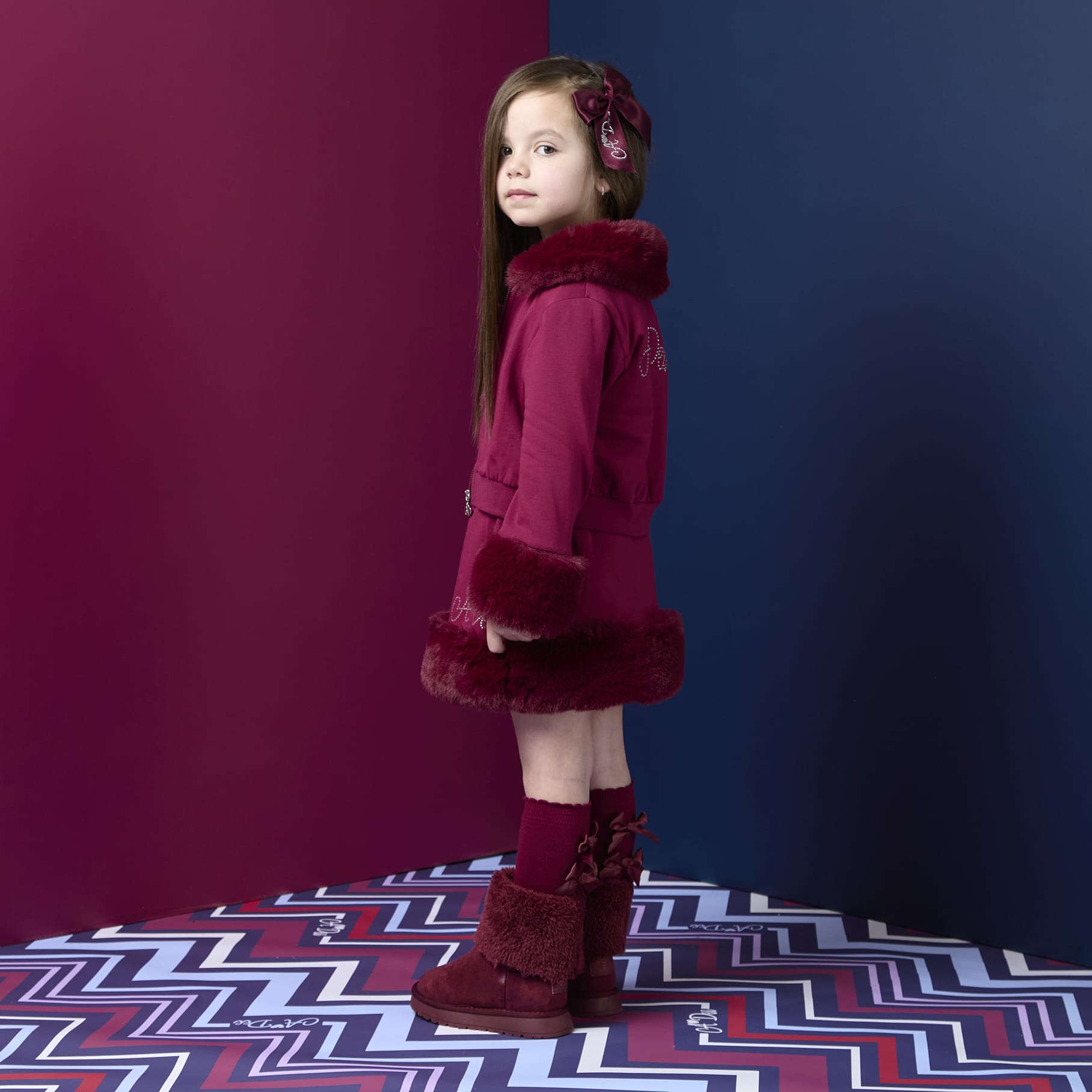 A DEE - Chevron Charm Audrey Fur Trim Bomber - Deep Cherry