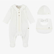 PAZ RODRIGUEZ - Peter Pan Collar Velour Baby Layette Four Piece Set - Cream