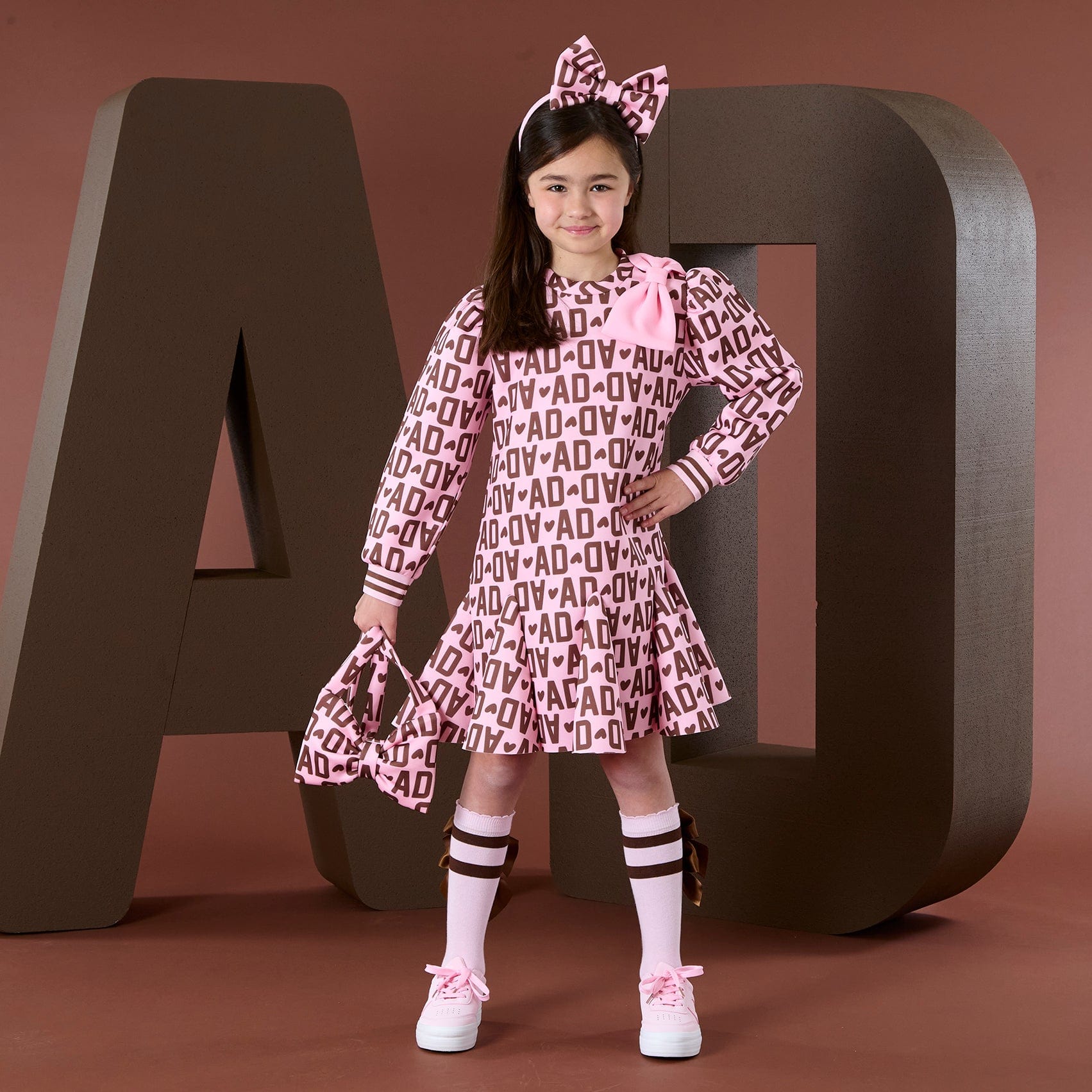 A DEE - Initial Icon Maisie Initial Print Bow Dress - Chocolate Brown