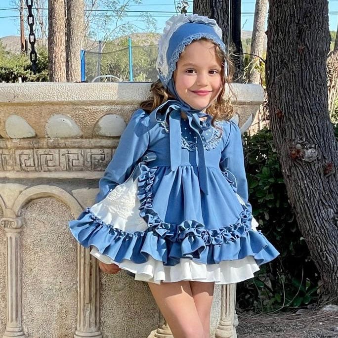 LA AMAPOLA - Matilda Baby Dress & Bonnet - Blue