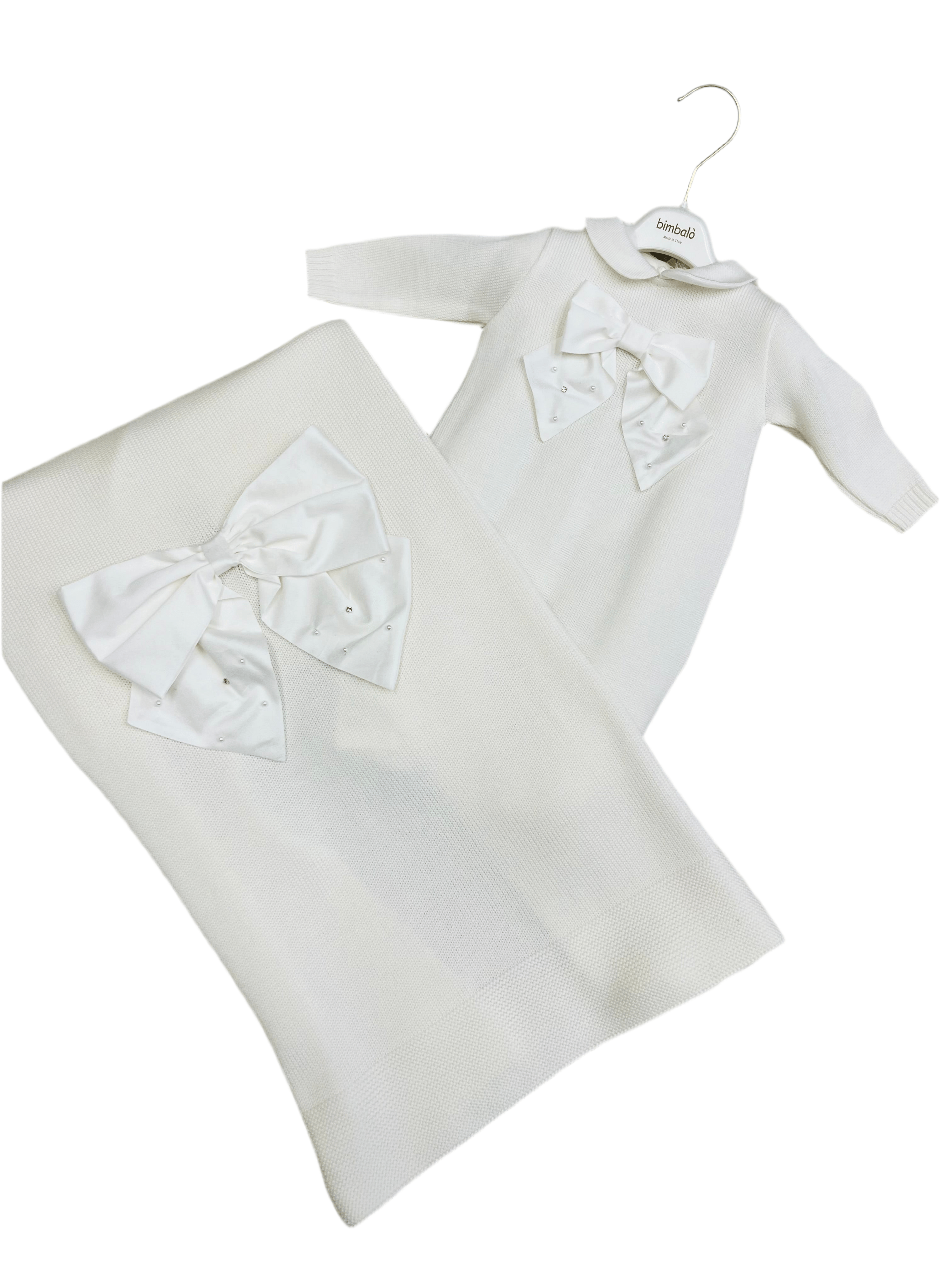 BIMBALO - Knitted Bow Blanket & Babygrow - Cream