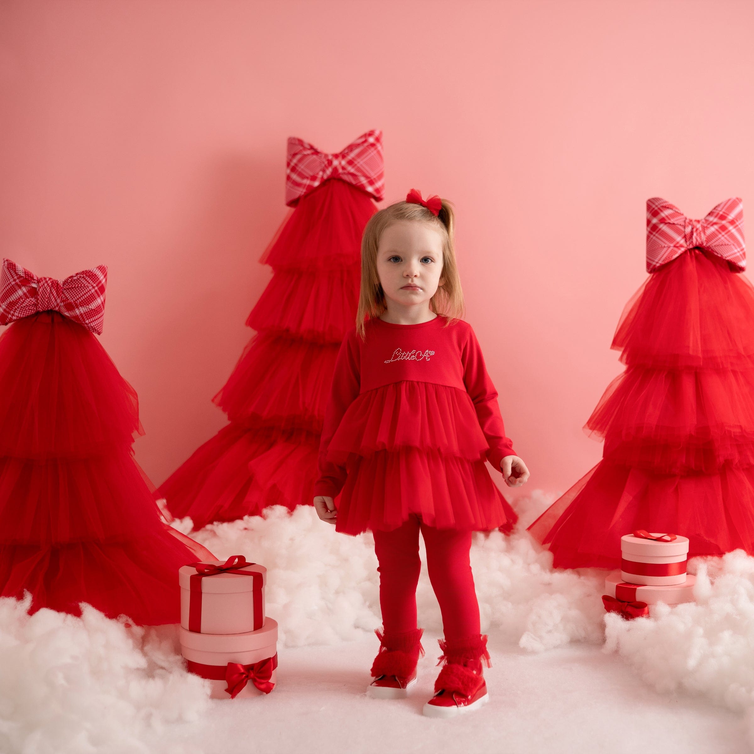 LITTLE A - Little Bows Kayla Tulle Legging Set - Vibrant Red