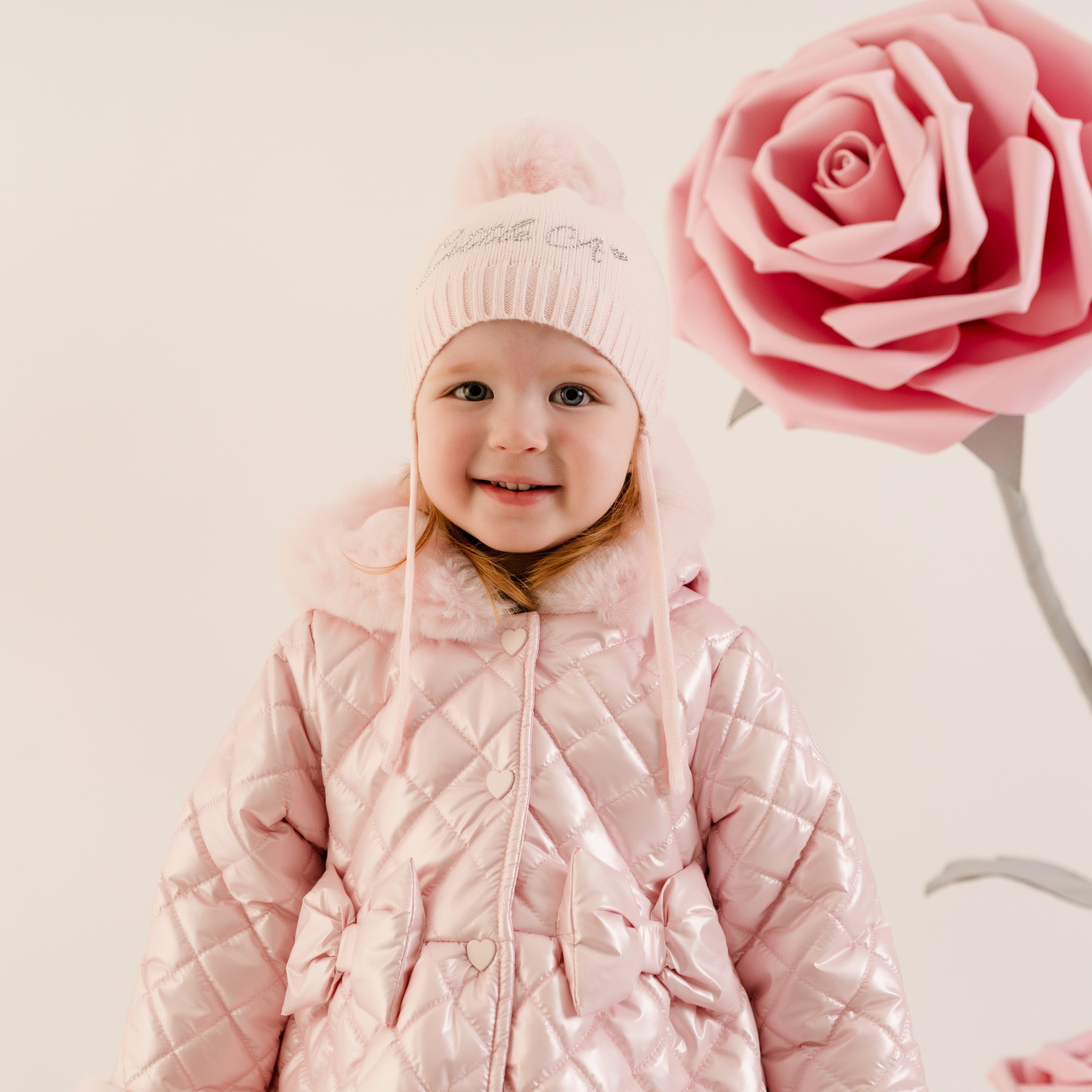 LITTLE A - Little Bloom Diamond Pom Pom Hat - Pale Pink