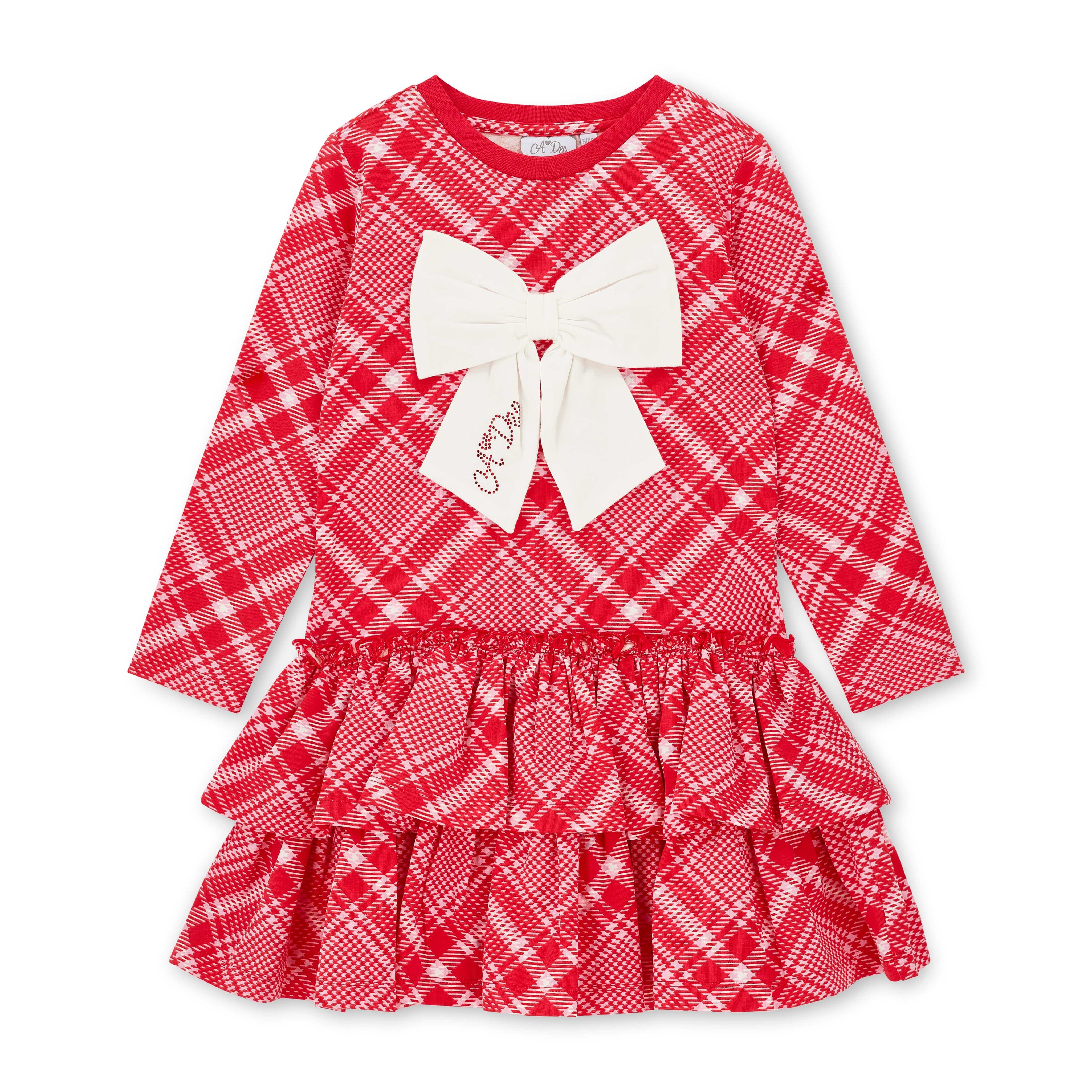 A DEE -  Love Story Liberty check Triple Frill Dress With Bow - Vibrant Red
