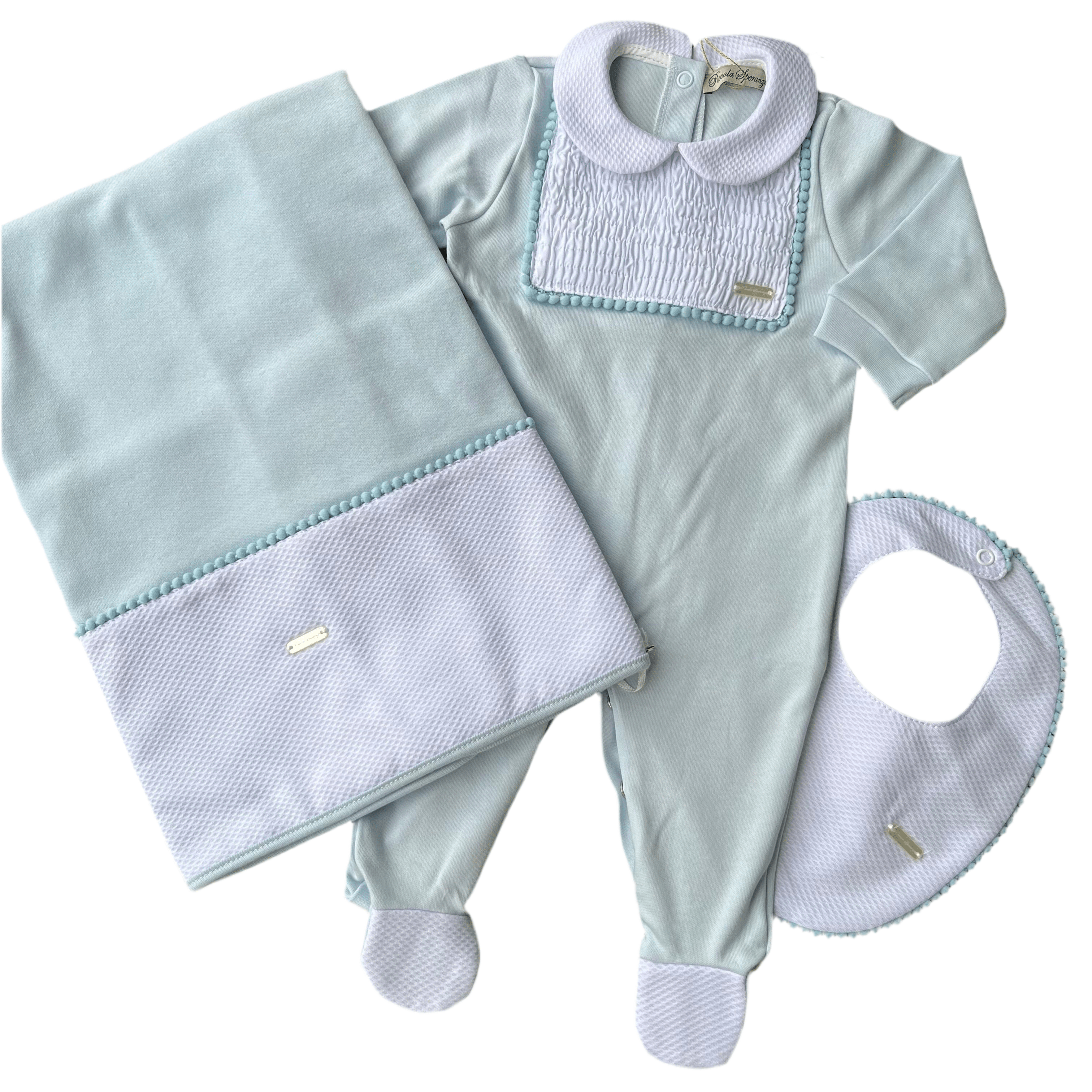 Piccola Speranza -Peter Pan collar  Baby Layette Three Piece Set- Blue