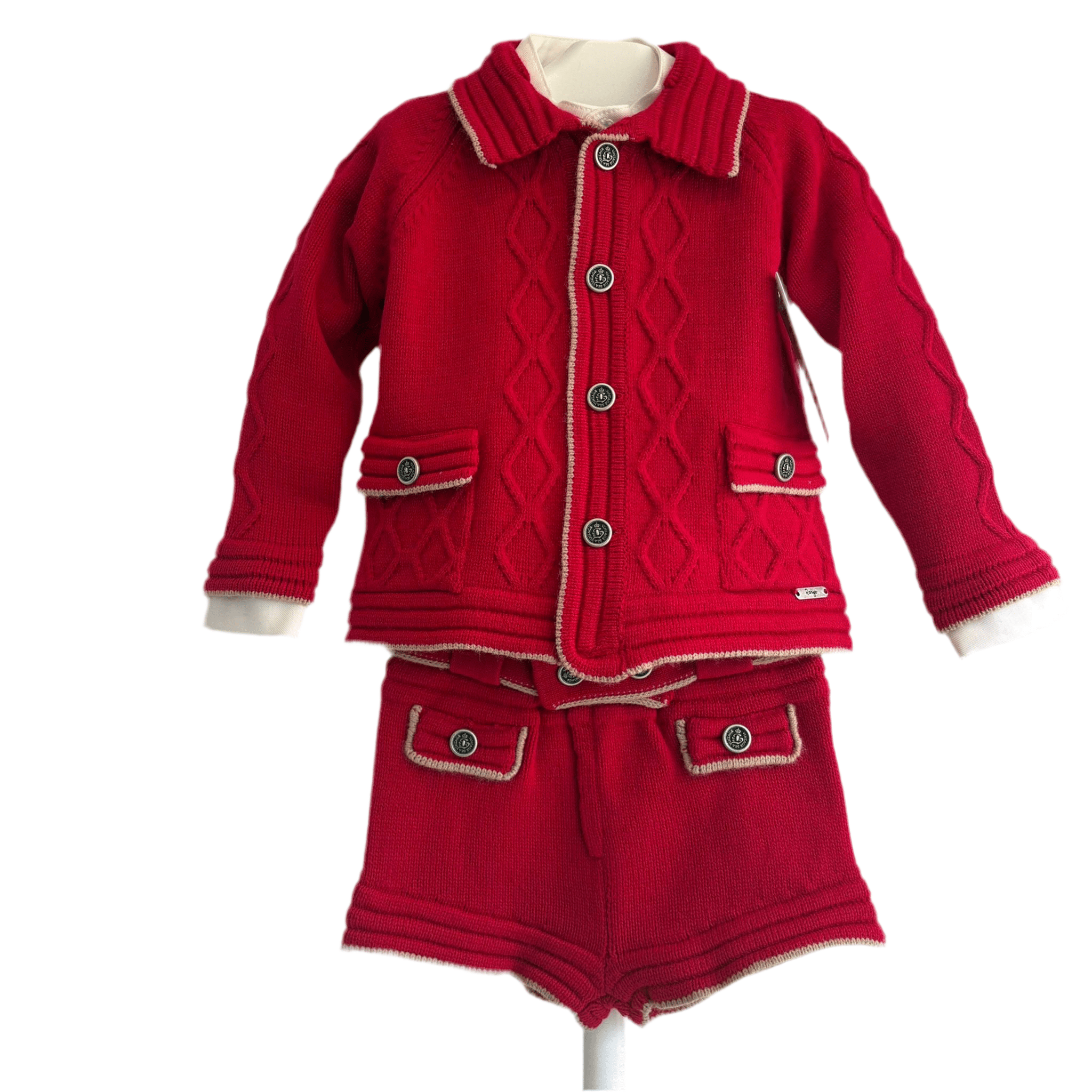 Rahigo - Three Piece Short Set With Camel Trim -  Red