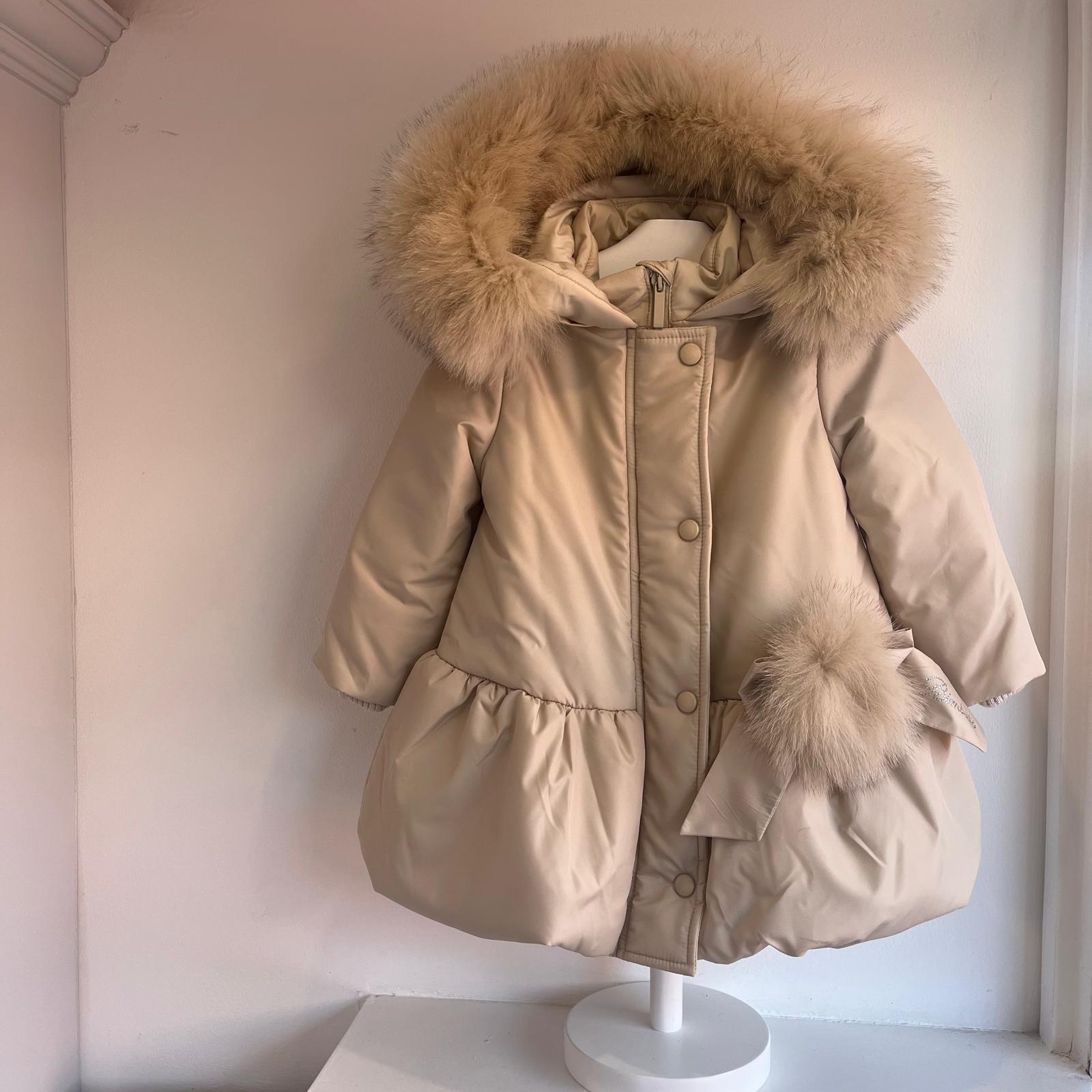 Bimbalo - Fur Hood Pom Pom Bow Coat - Champagne